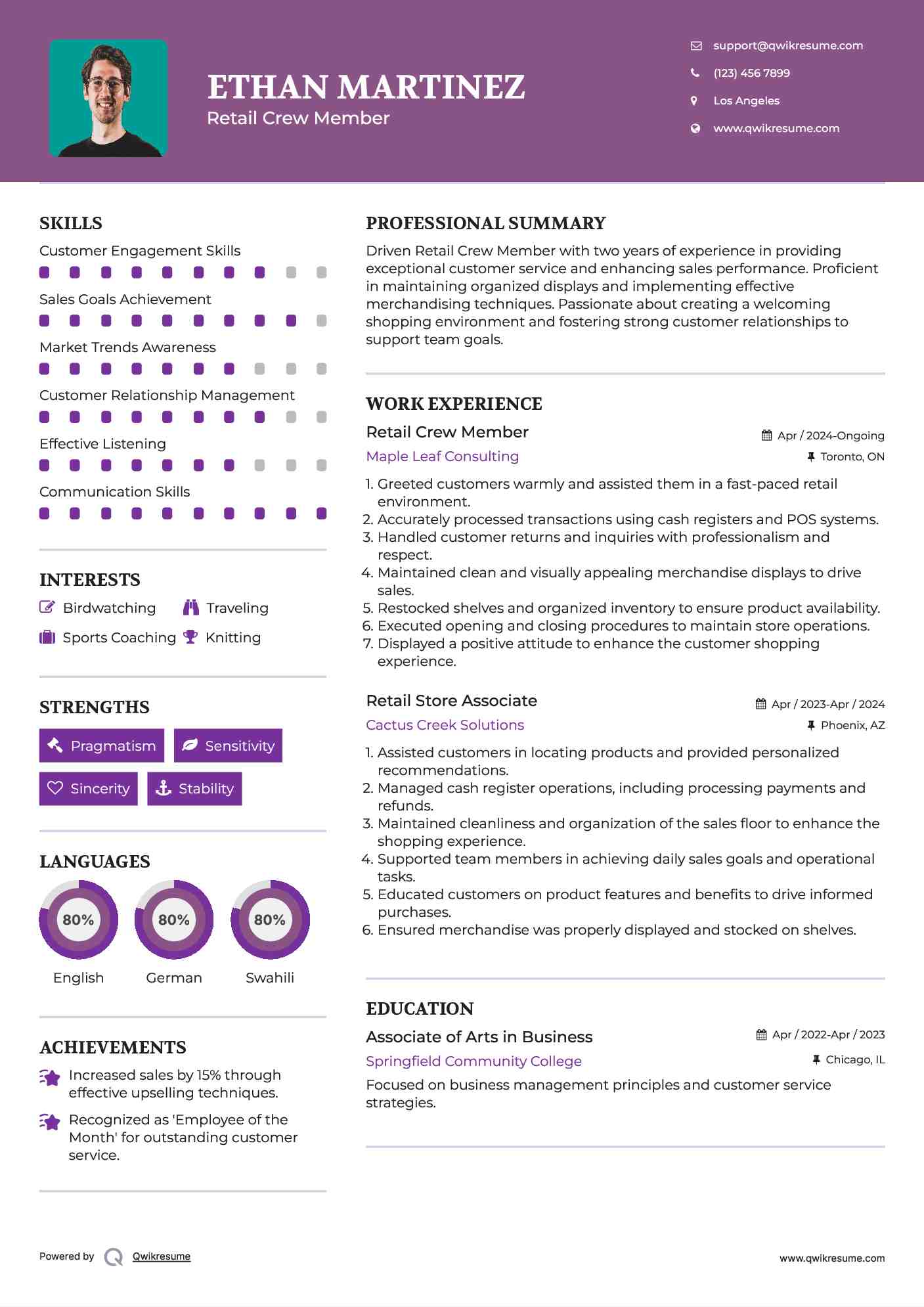 Retail Crew Member Resume Sample