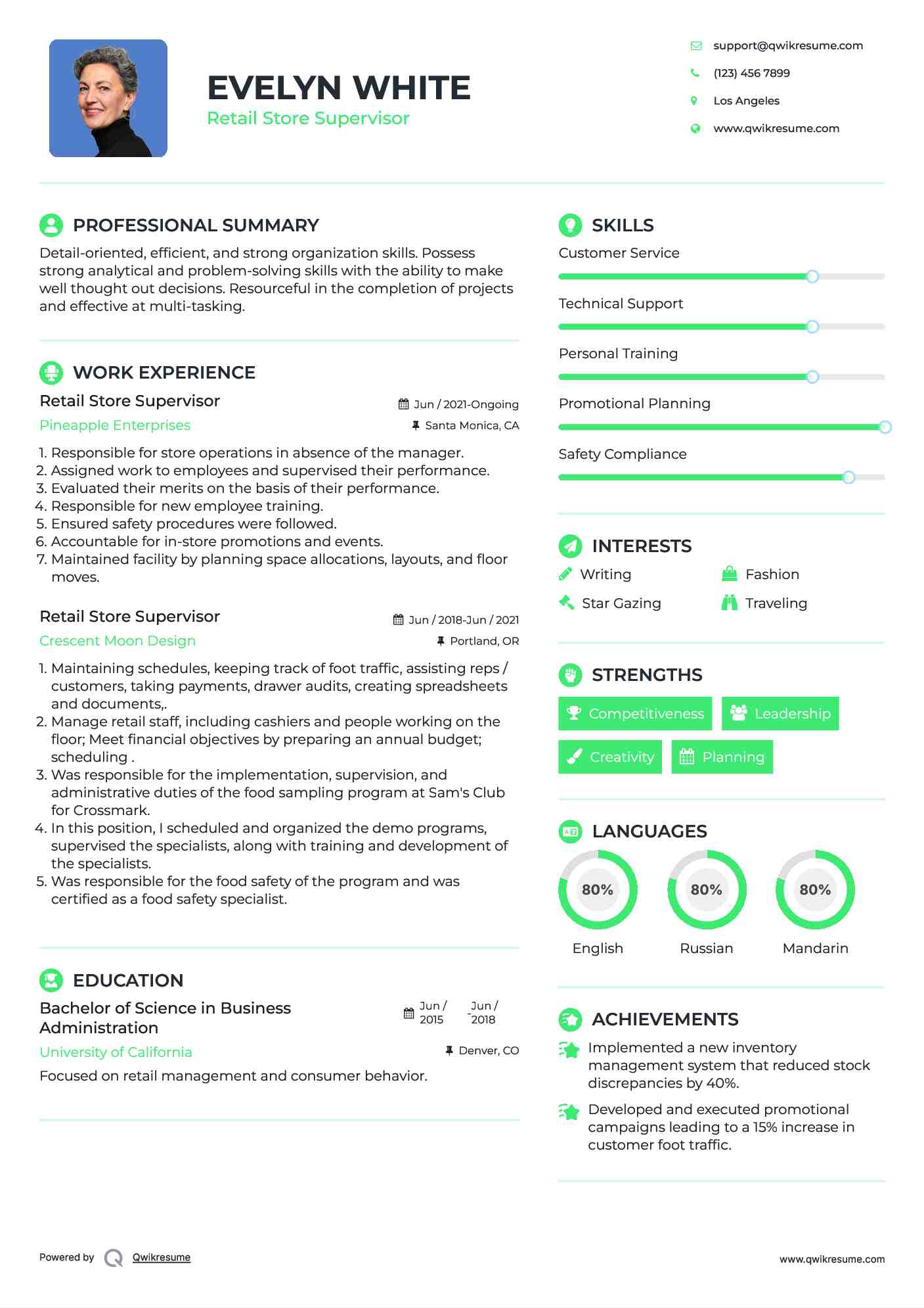 Retail Store Supervisor Resume Example