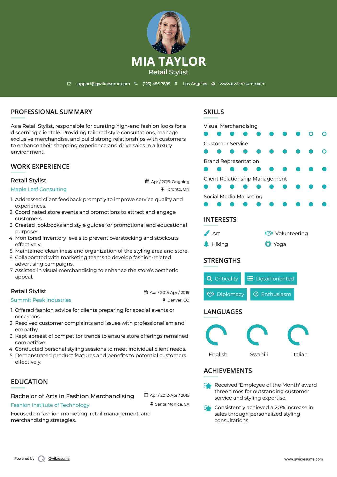 Retail Stylist Resume Template