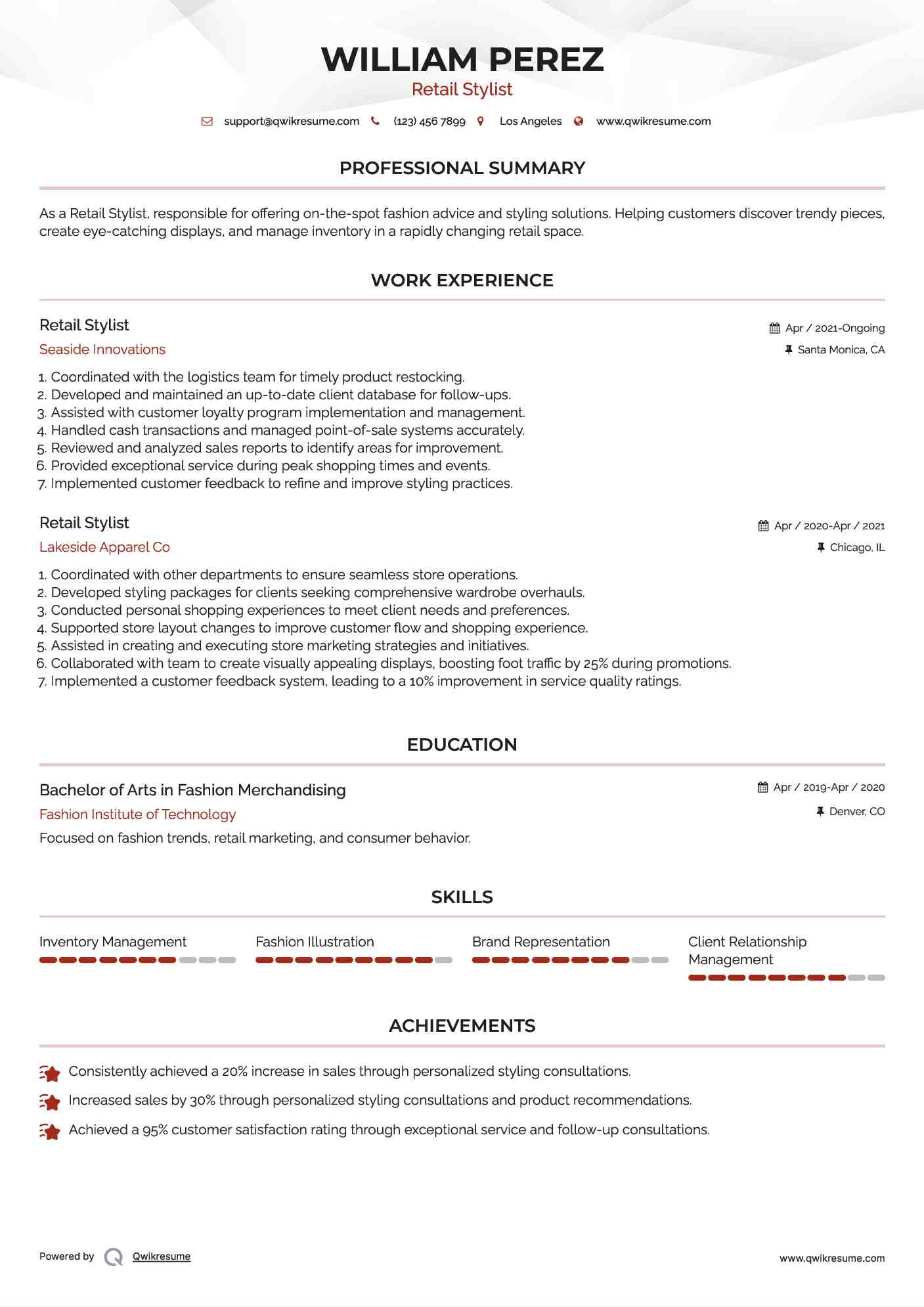 Retail Stylist Resume Model