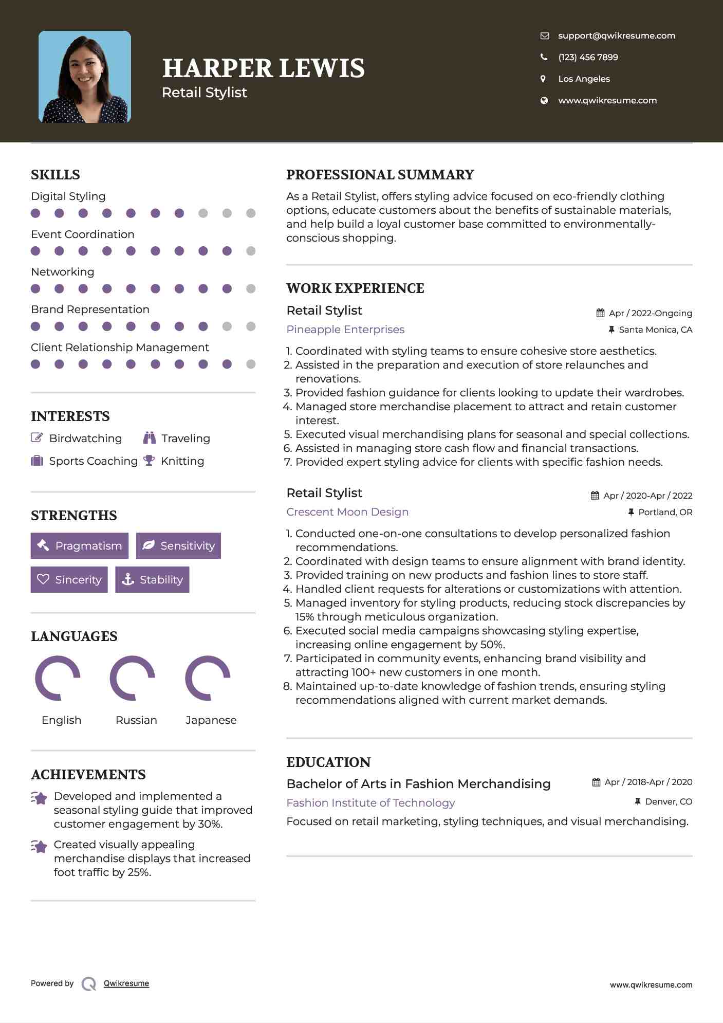 Retail Stylist Resume Sample