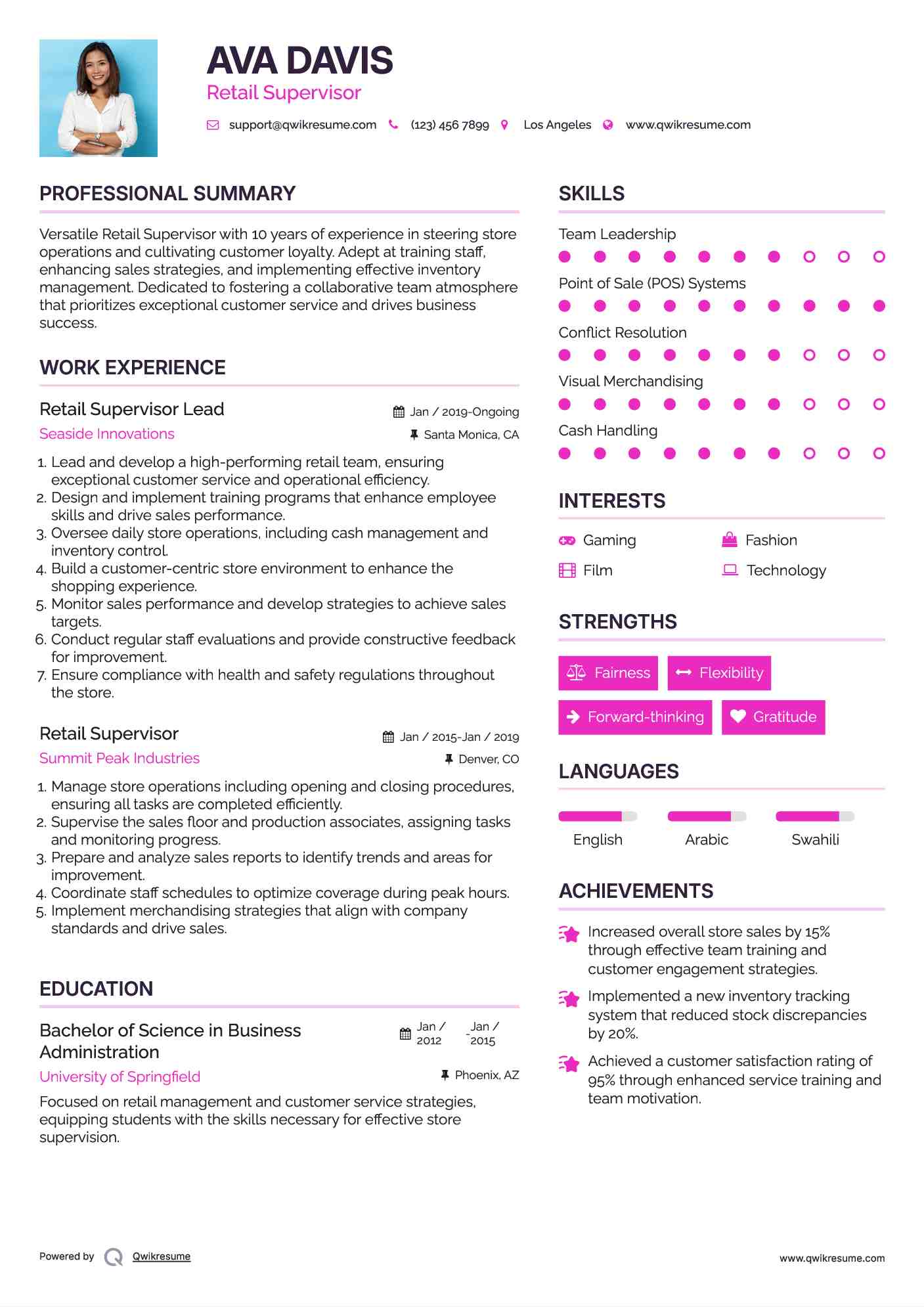 Retail Supervisor Lead Resume Model