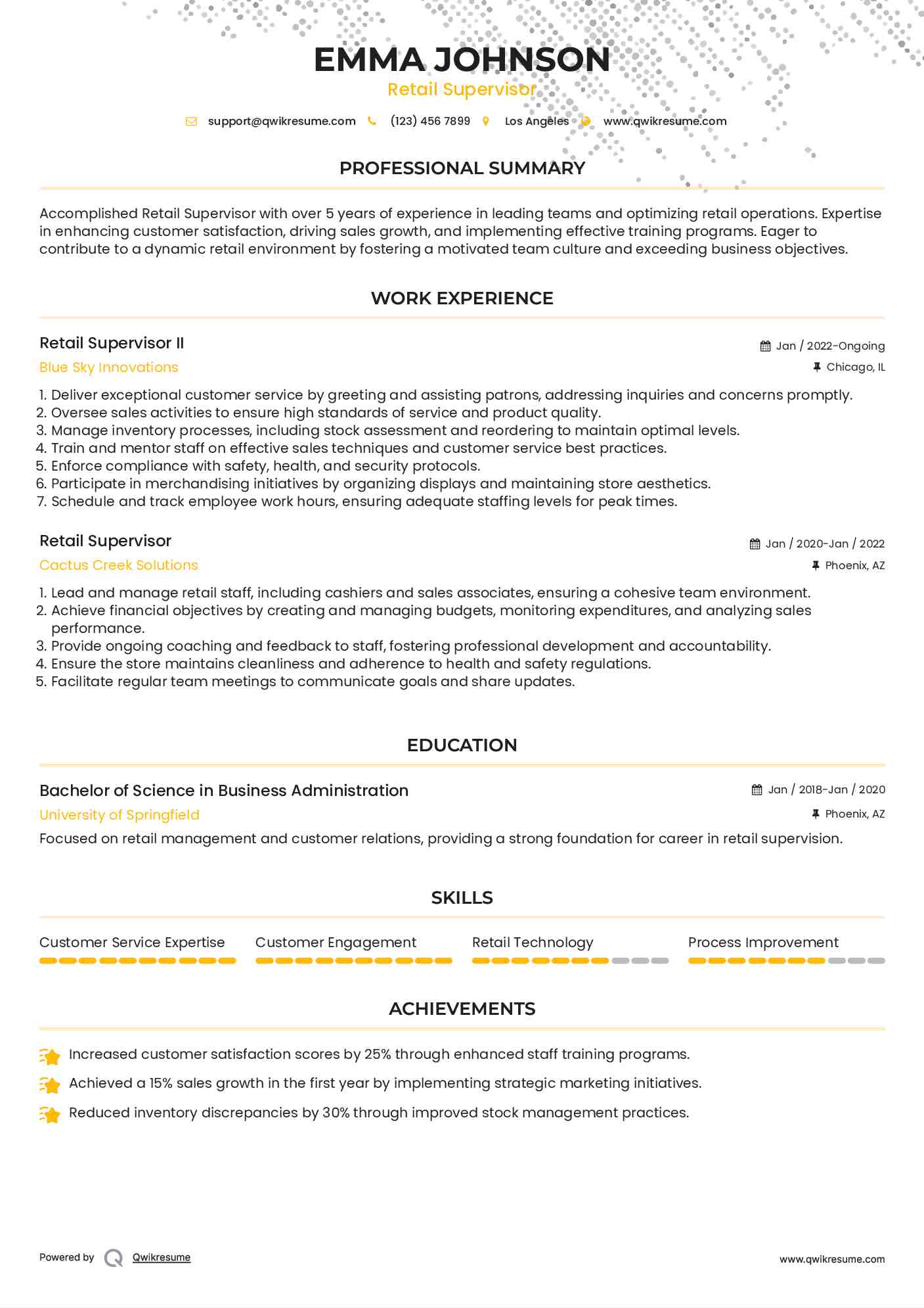Retail Supervisor II Resume Example