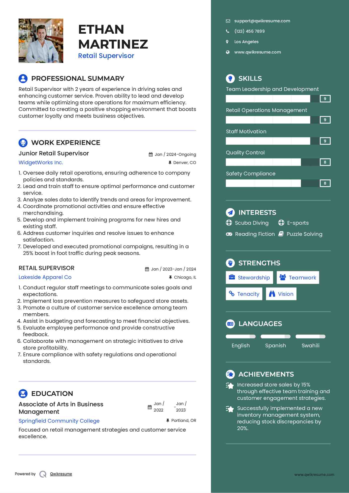 Junior Retail Supervisor Resume Example