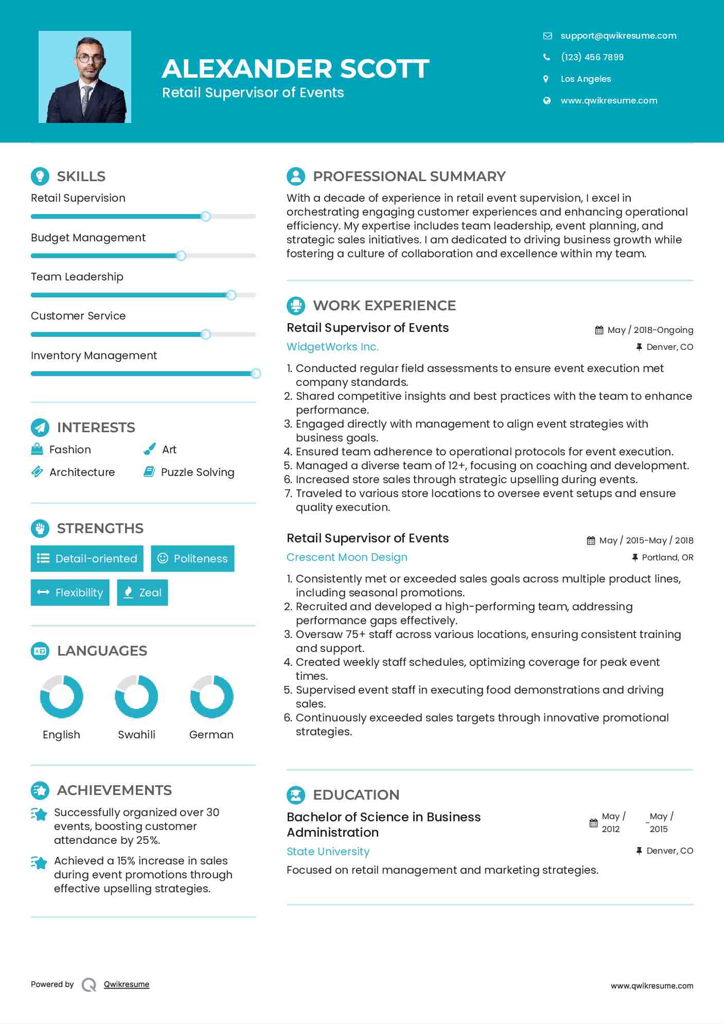 Retail Supervisor of Events Resume Template