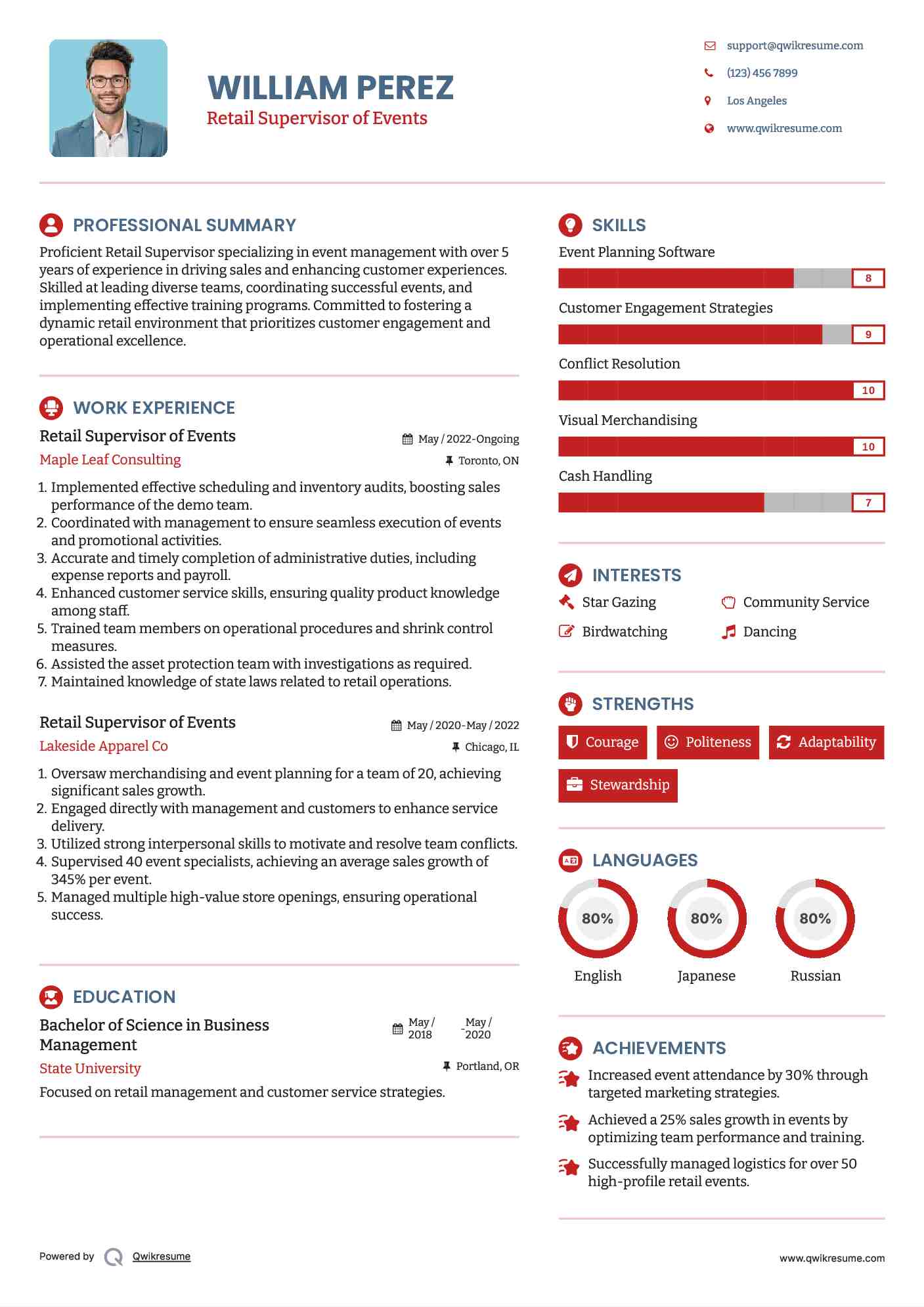 Retail Supervisor of Events Resume Model