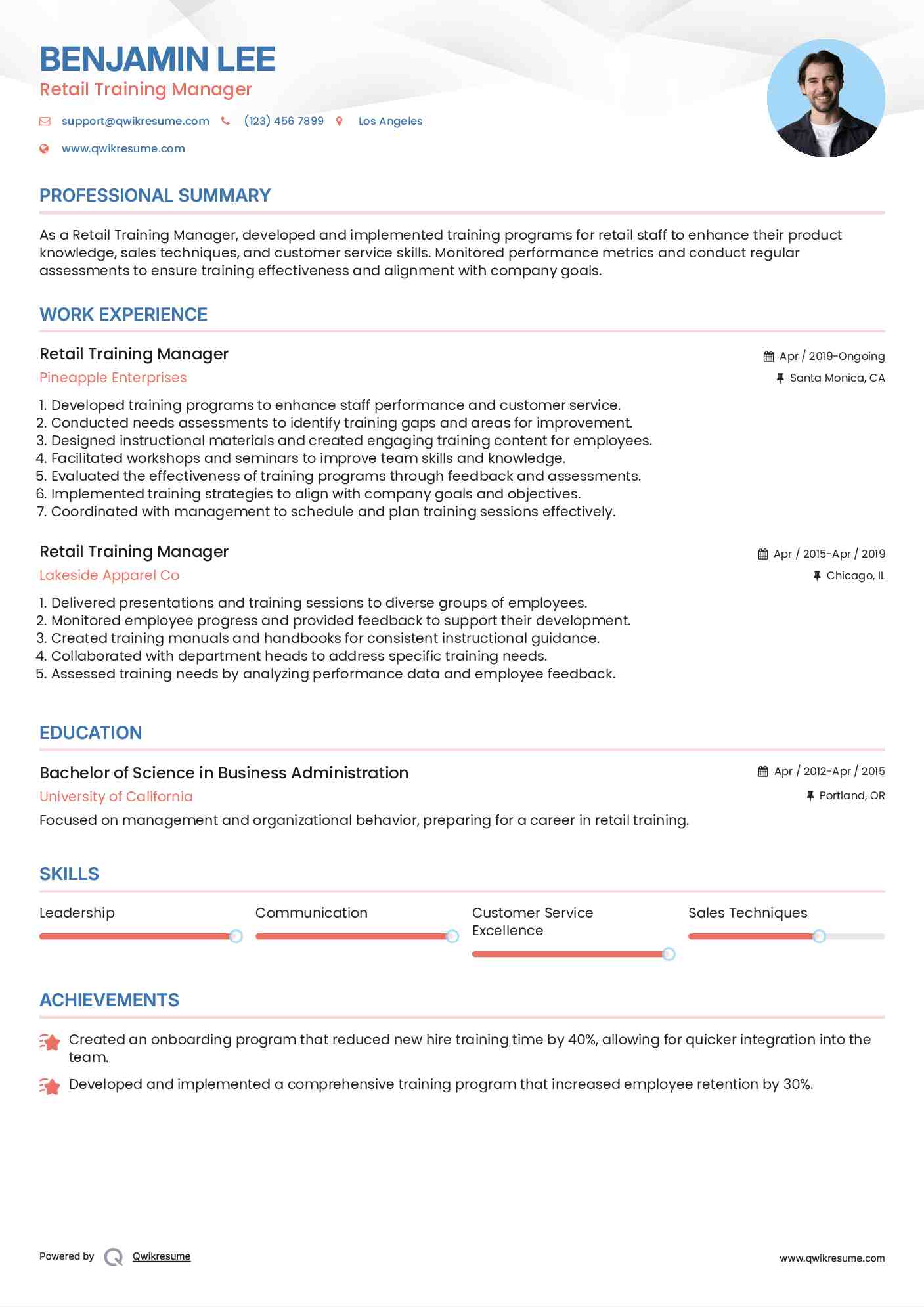 Retail Training Manager Resume Format