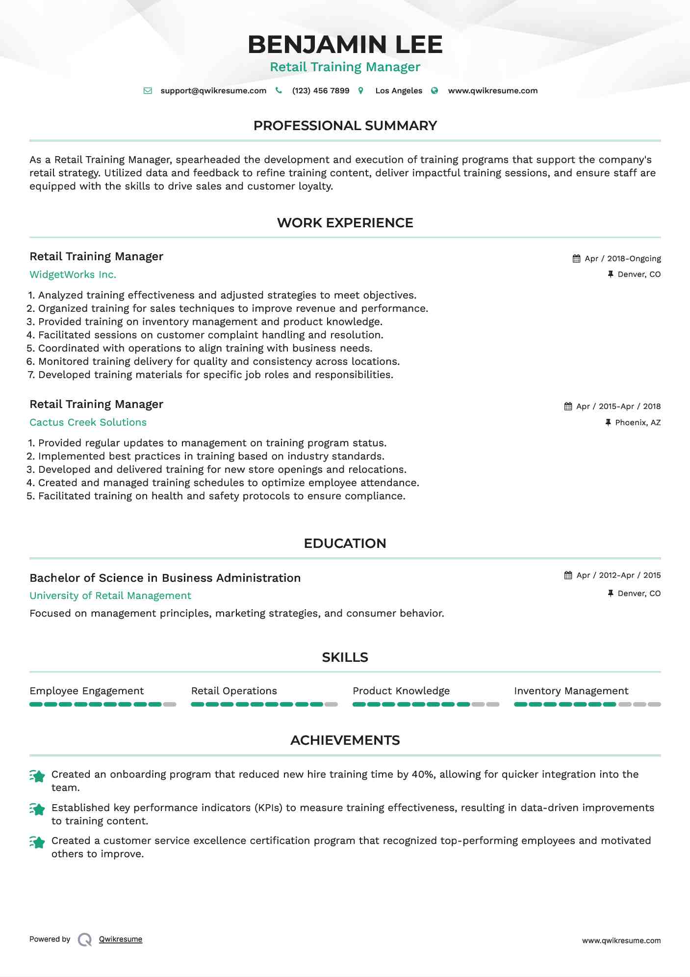 Retail Training Manager Resume Example