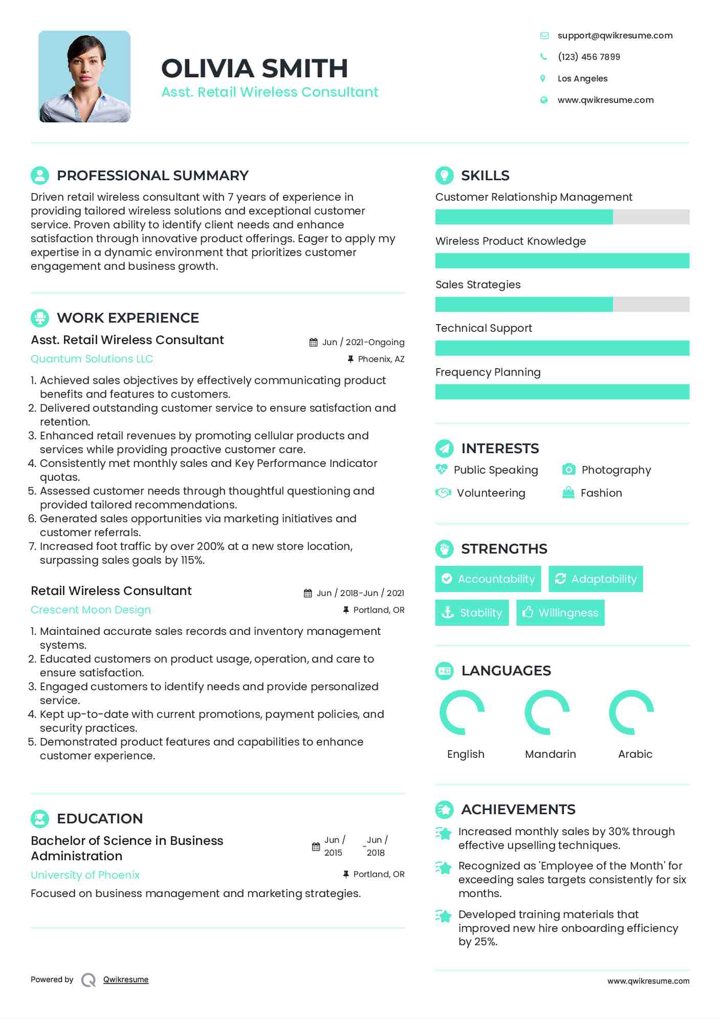 Asst. Retail Wireless Consultant Resume Sample