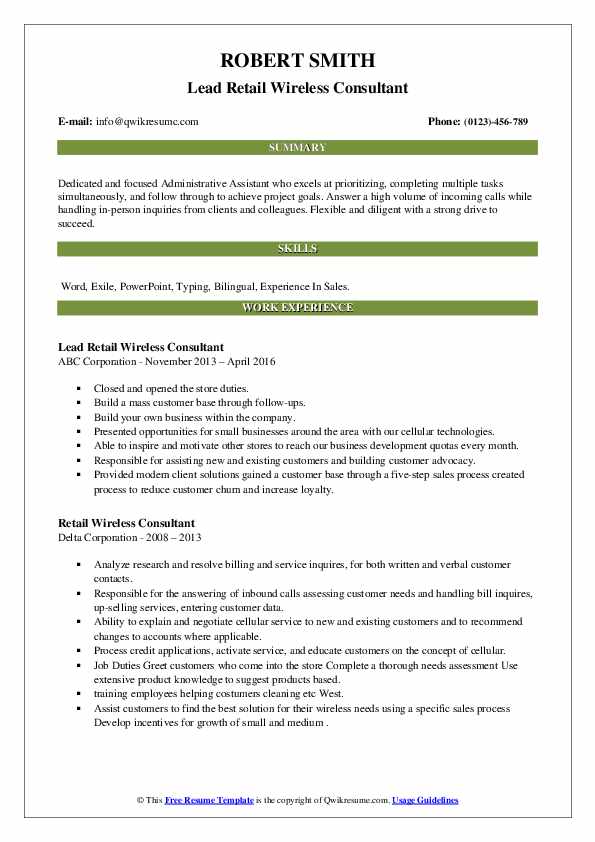 Retail Wireless Consultant Resume Samples QwikResume
