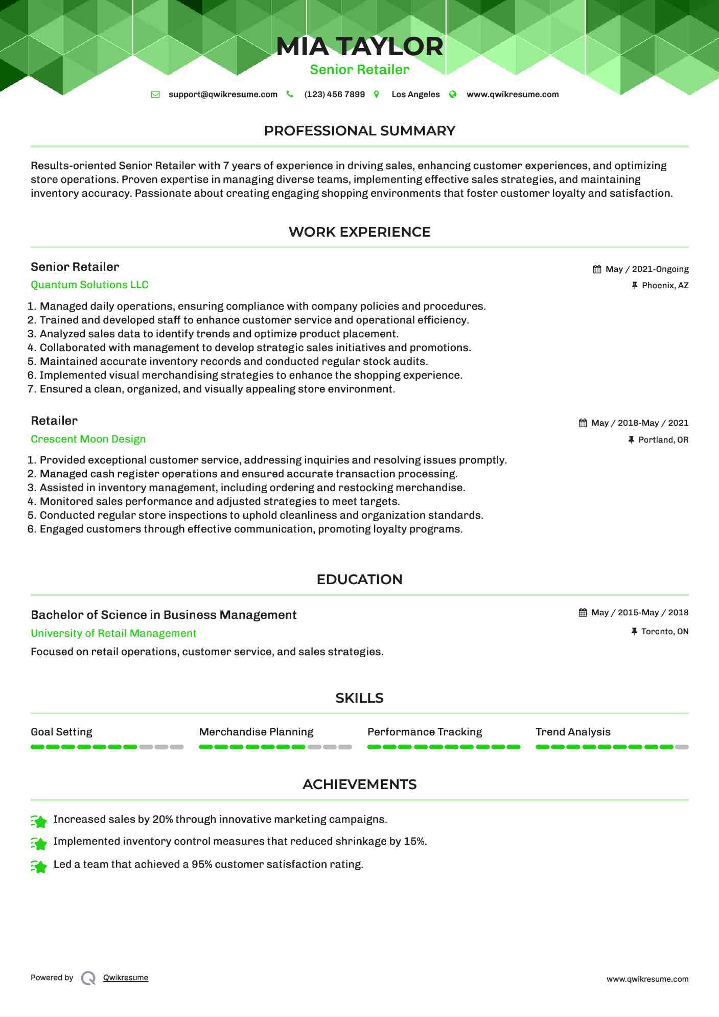 Senior Retailer Resume Example