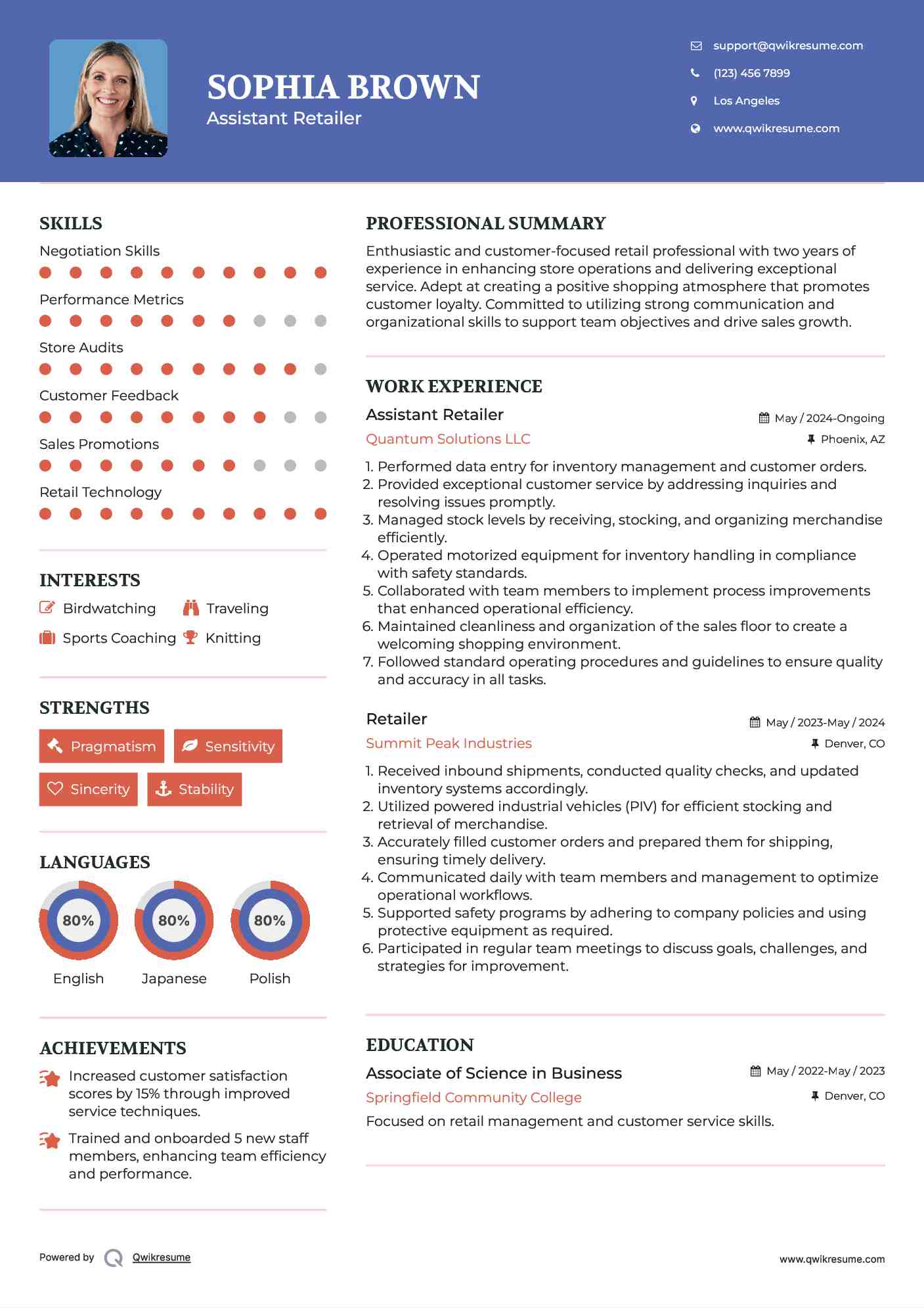 Assistant Retailer Resume Sample