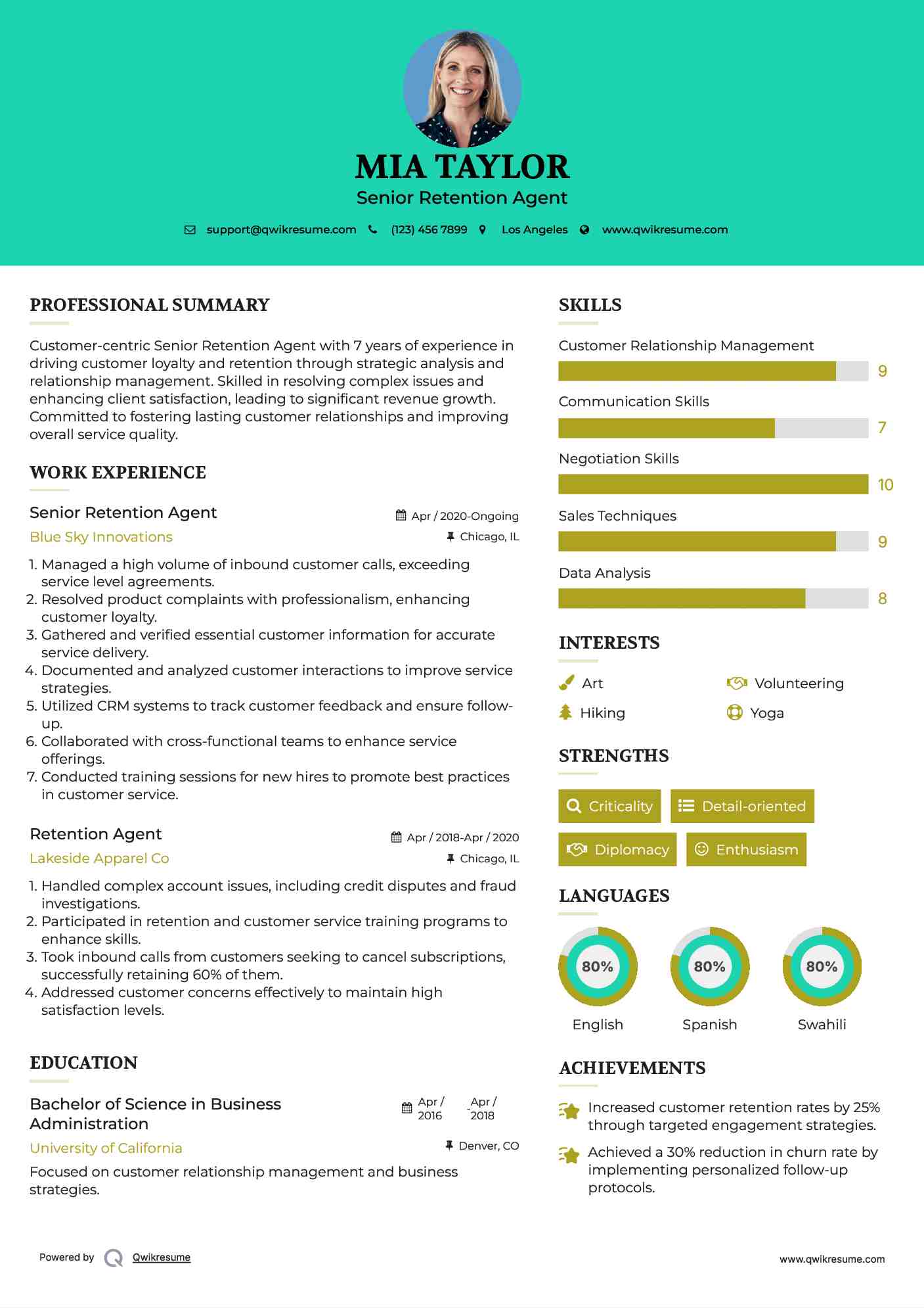 Senior Retention Agent Resume Example