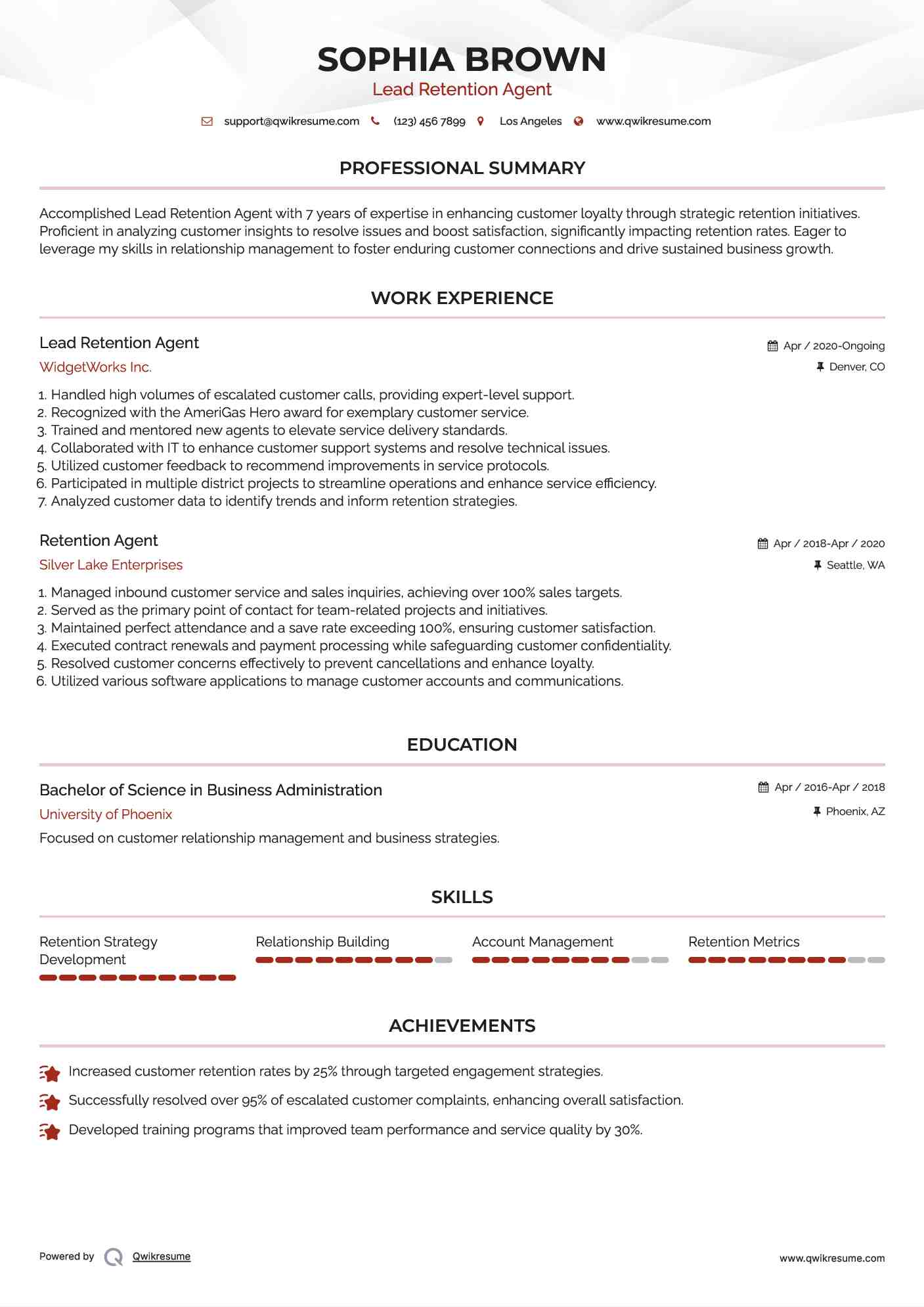 Lead Retention Agent Resume Model