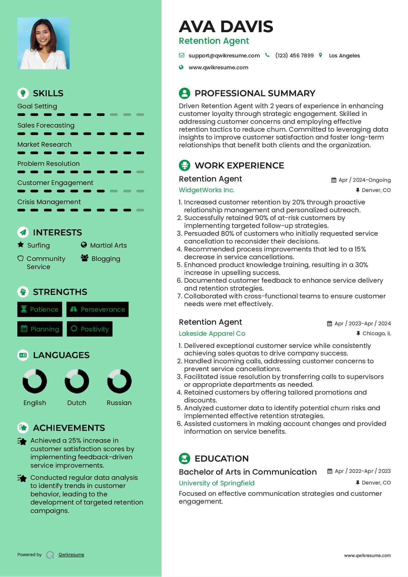 Retention Agent Resume Template