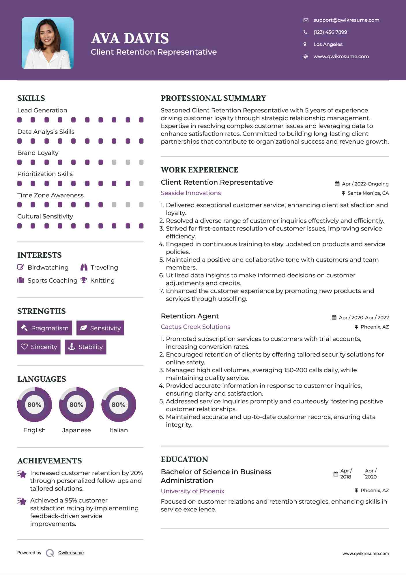 Client Retention Representative Resume Example