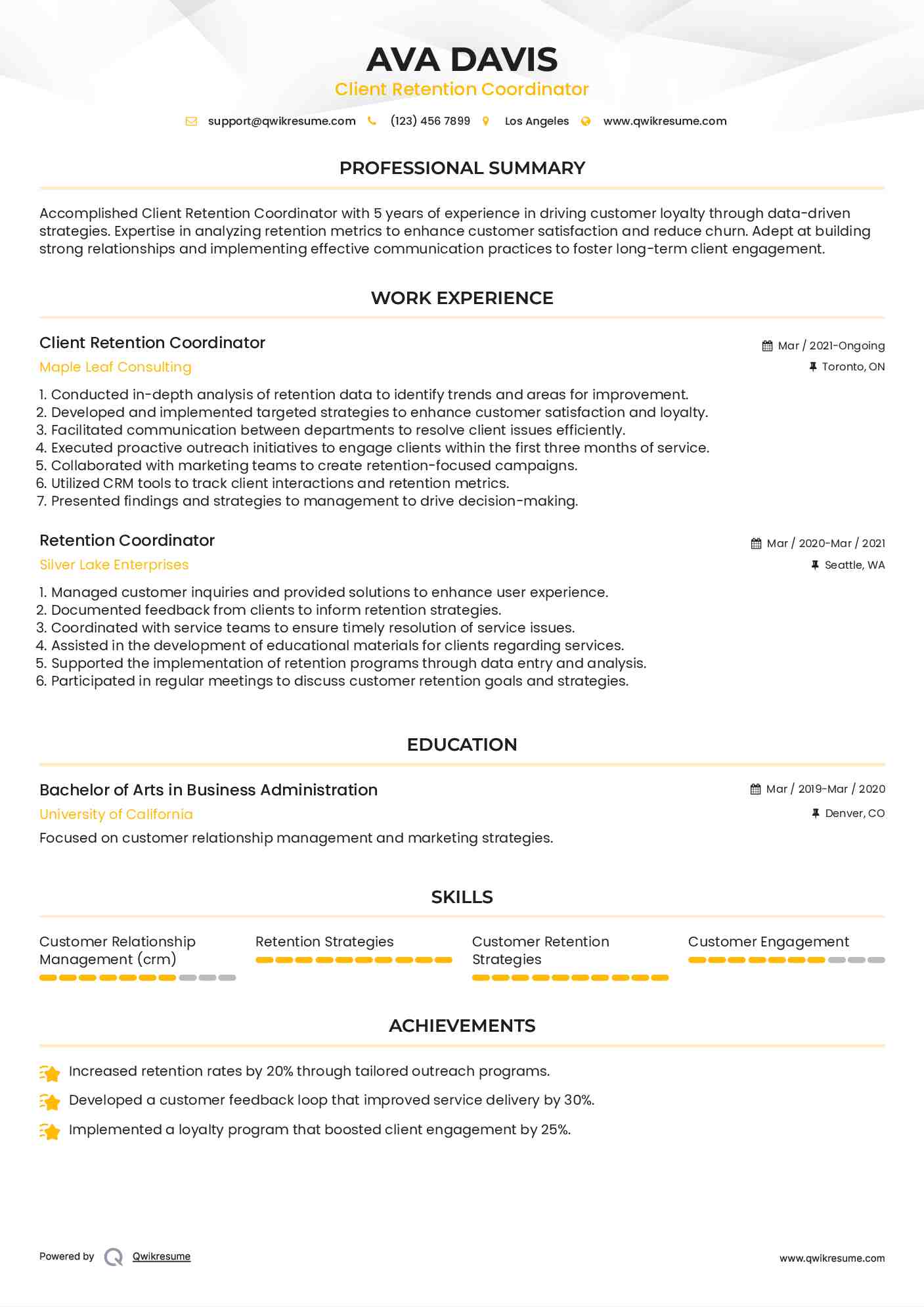 Client Retention Coordinator Resume Example