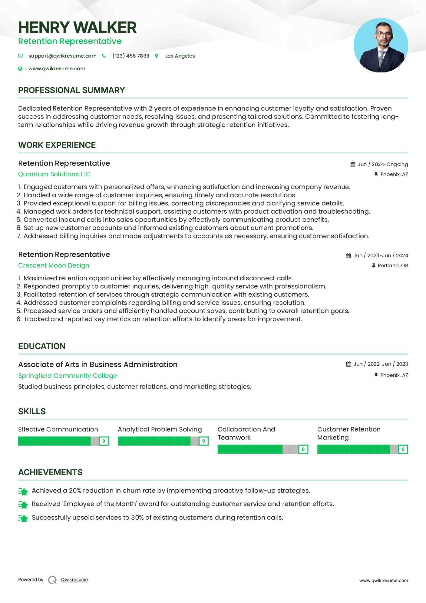 Retention Representative Resume Model
