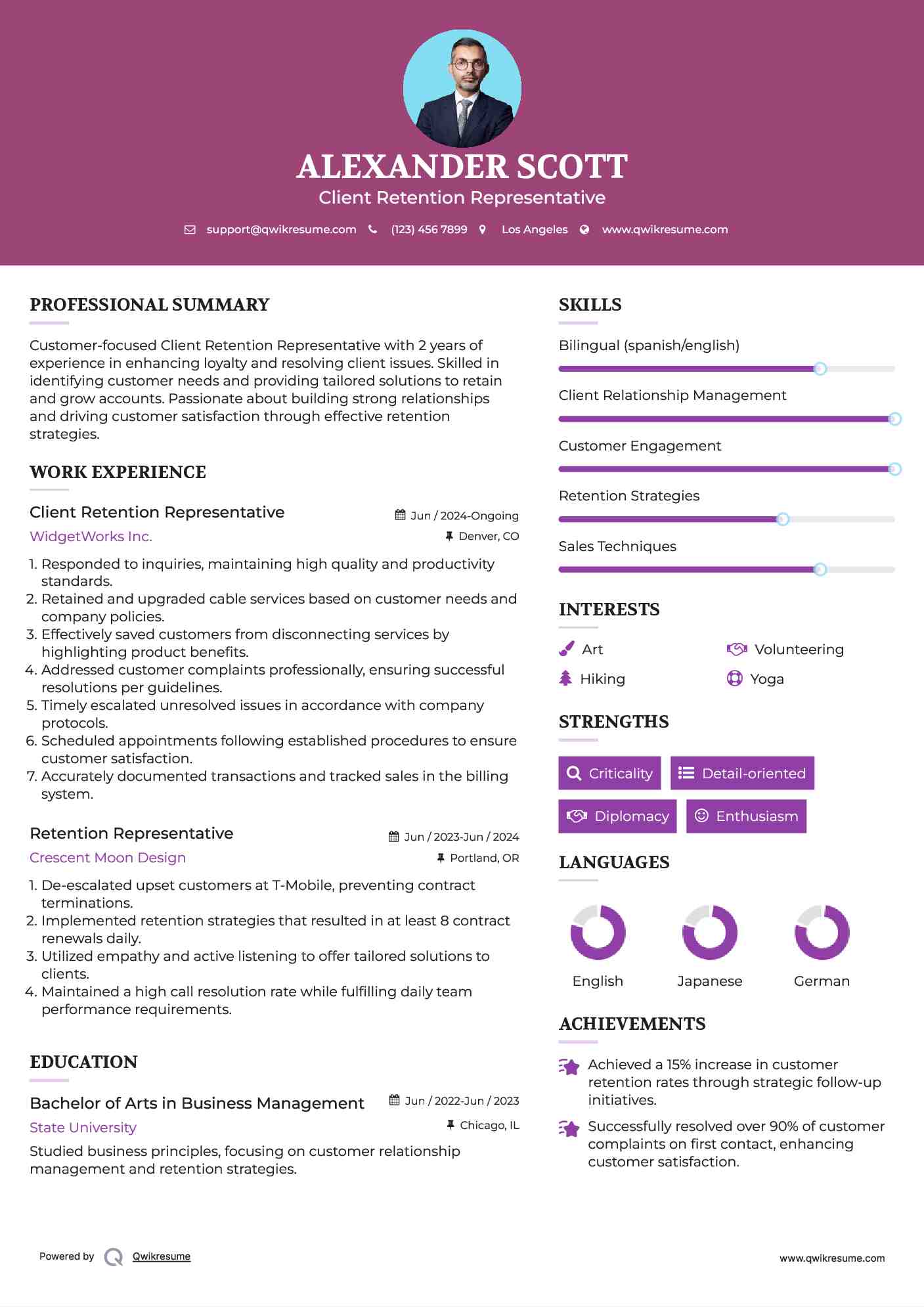 Client Retention Representative Resume Template