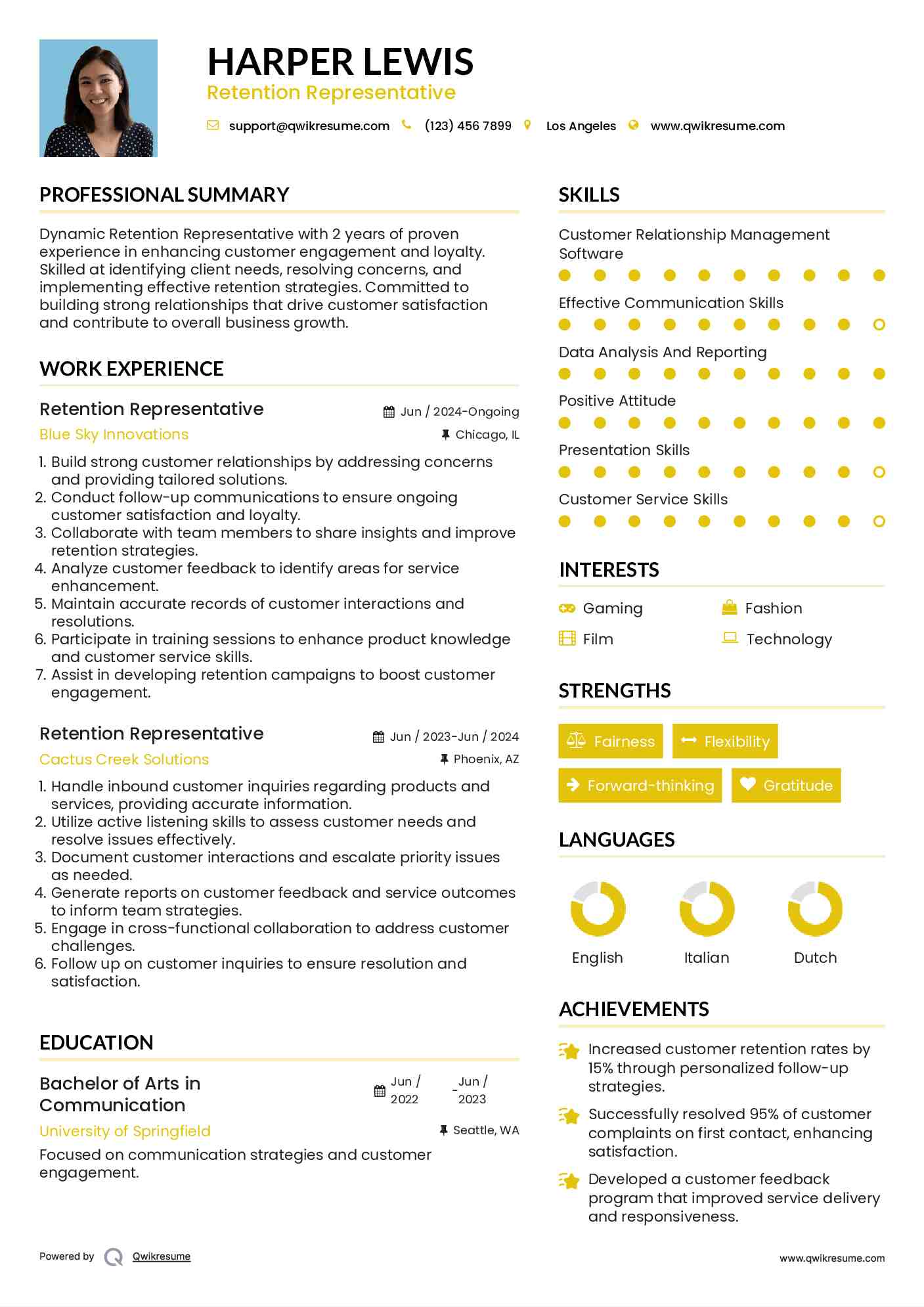 Retention Representative Resume Template