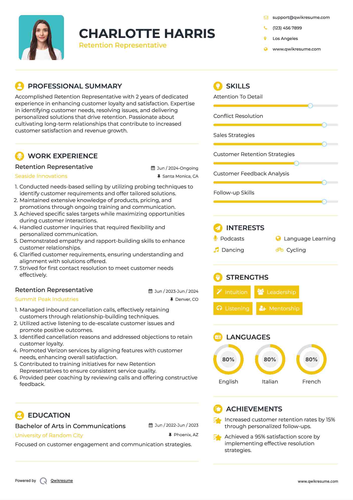 Retention Representative Resume Example