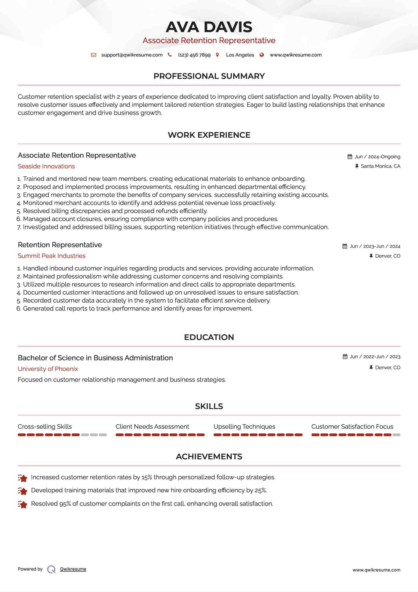 Associate Retention Representative  Resume Sample