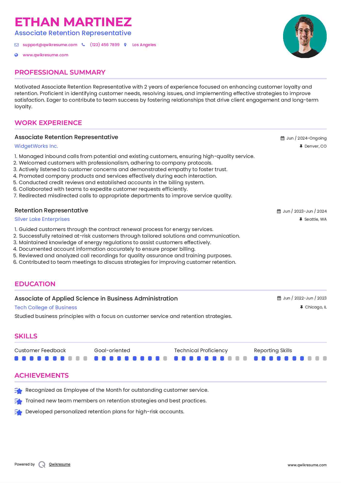 Associate Retention Representative  Resume Template