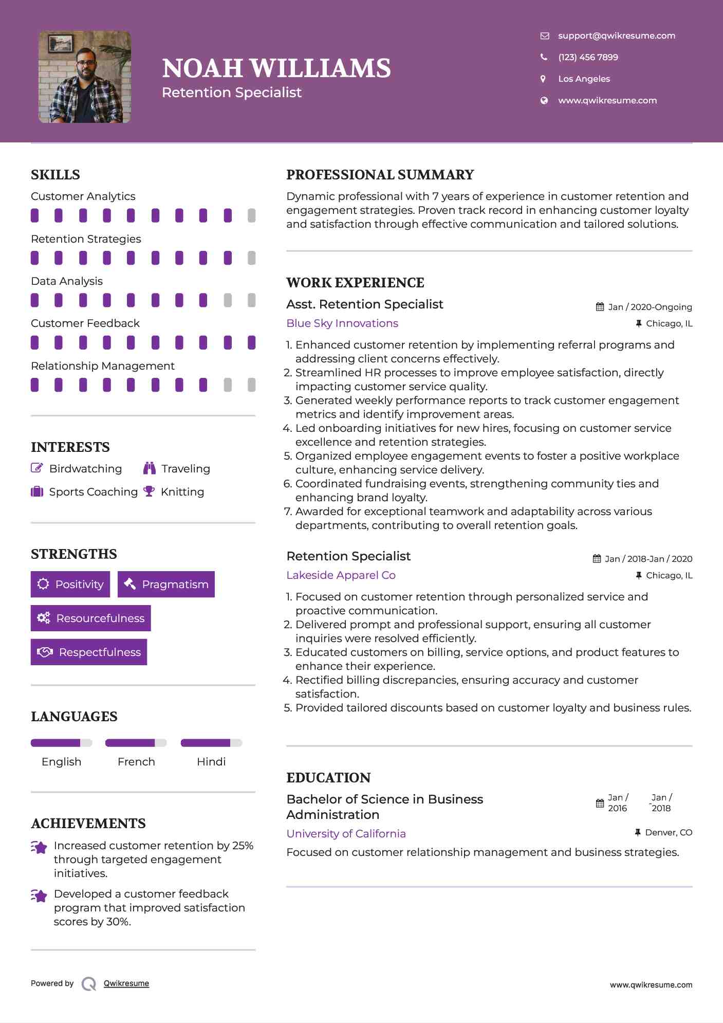 Asst. Retention Specialist Resume Sample