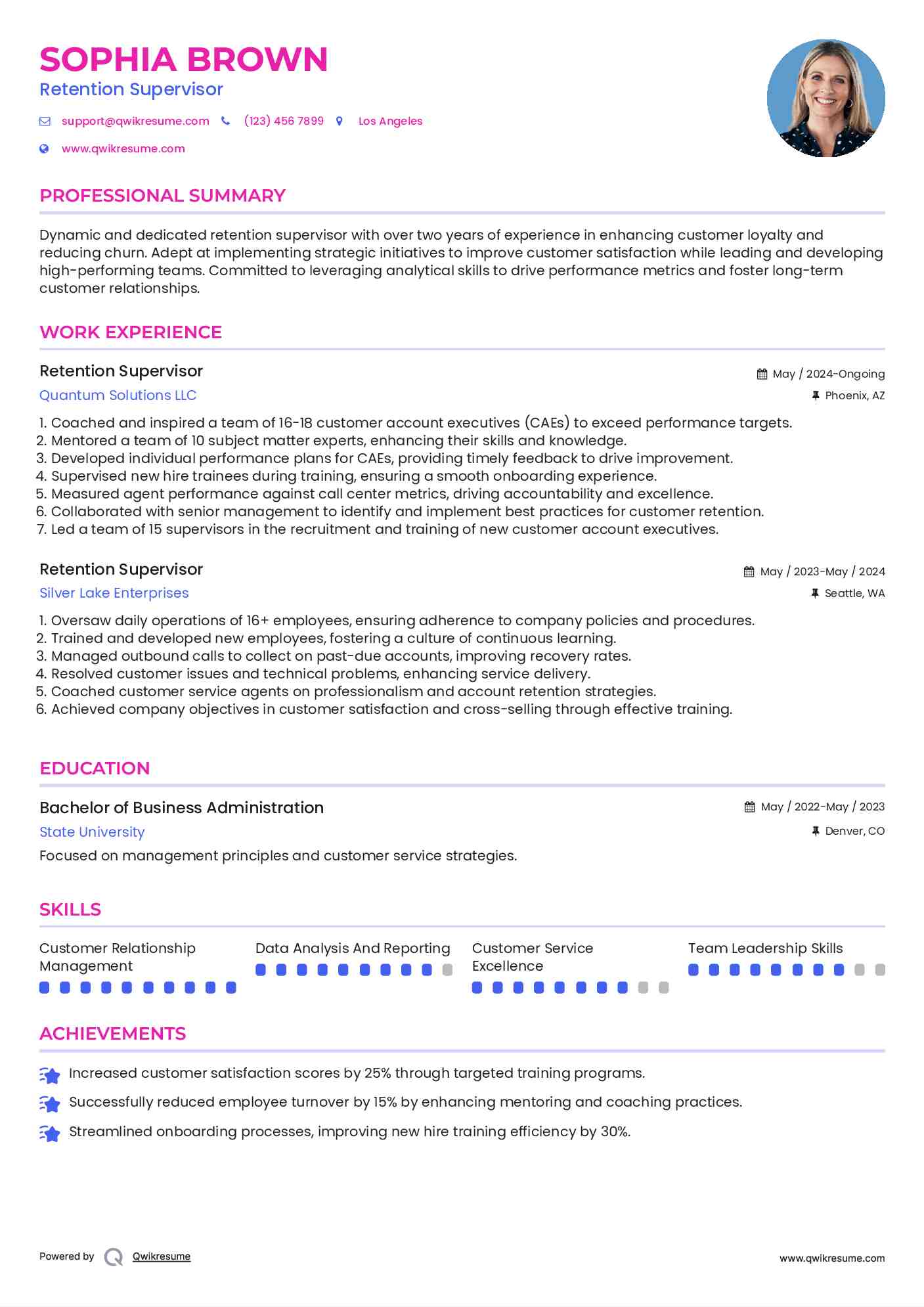 Retention Supervisor Resume Sample