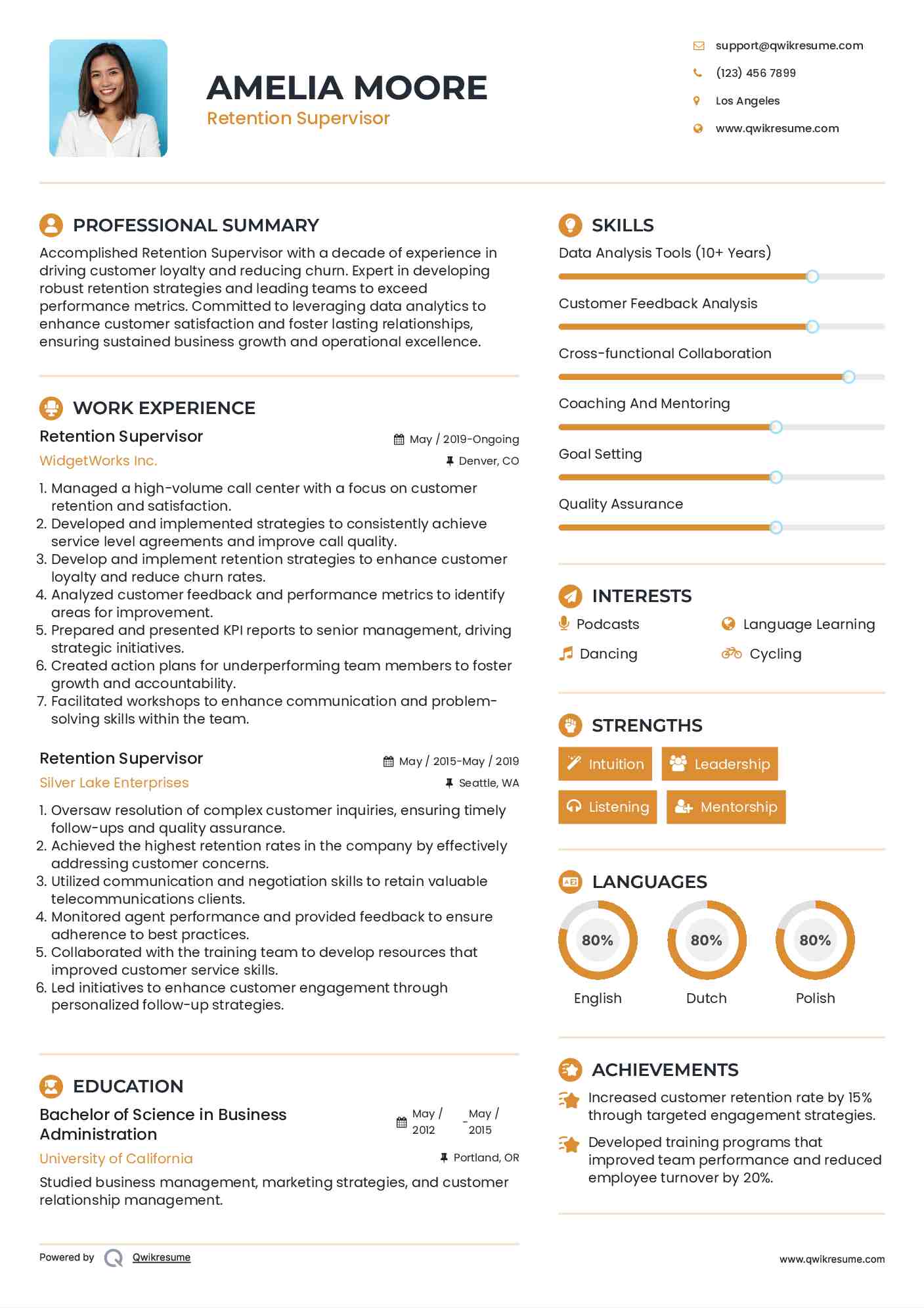 Retention Supervisor Resume Template