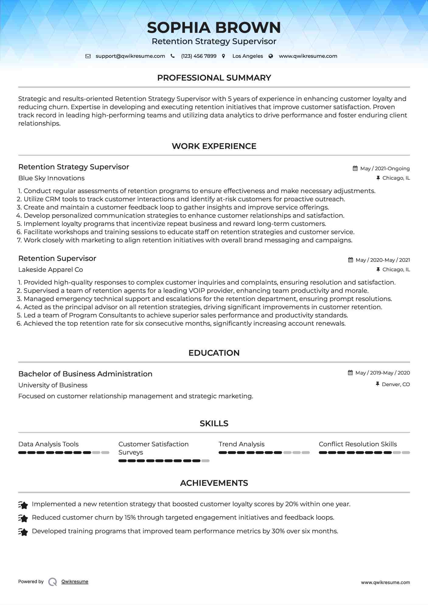 Retention Strategy Supervisor Resume Sample
