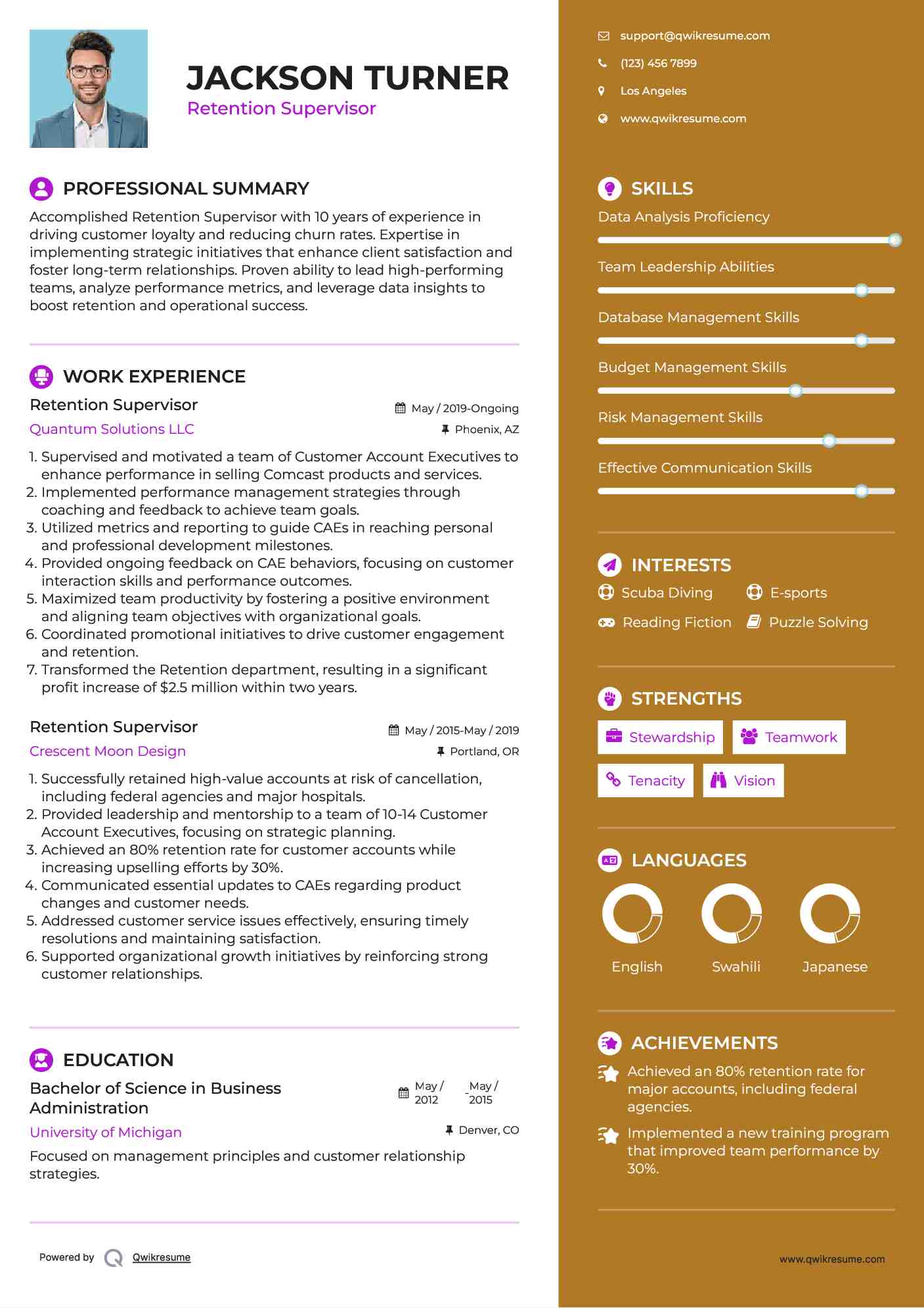 Retention Supervisor Resume Sample