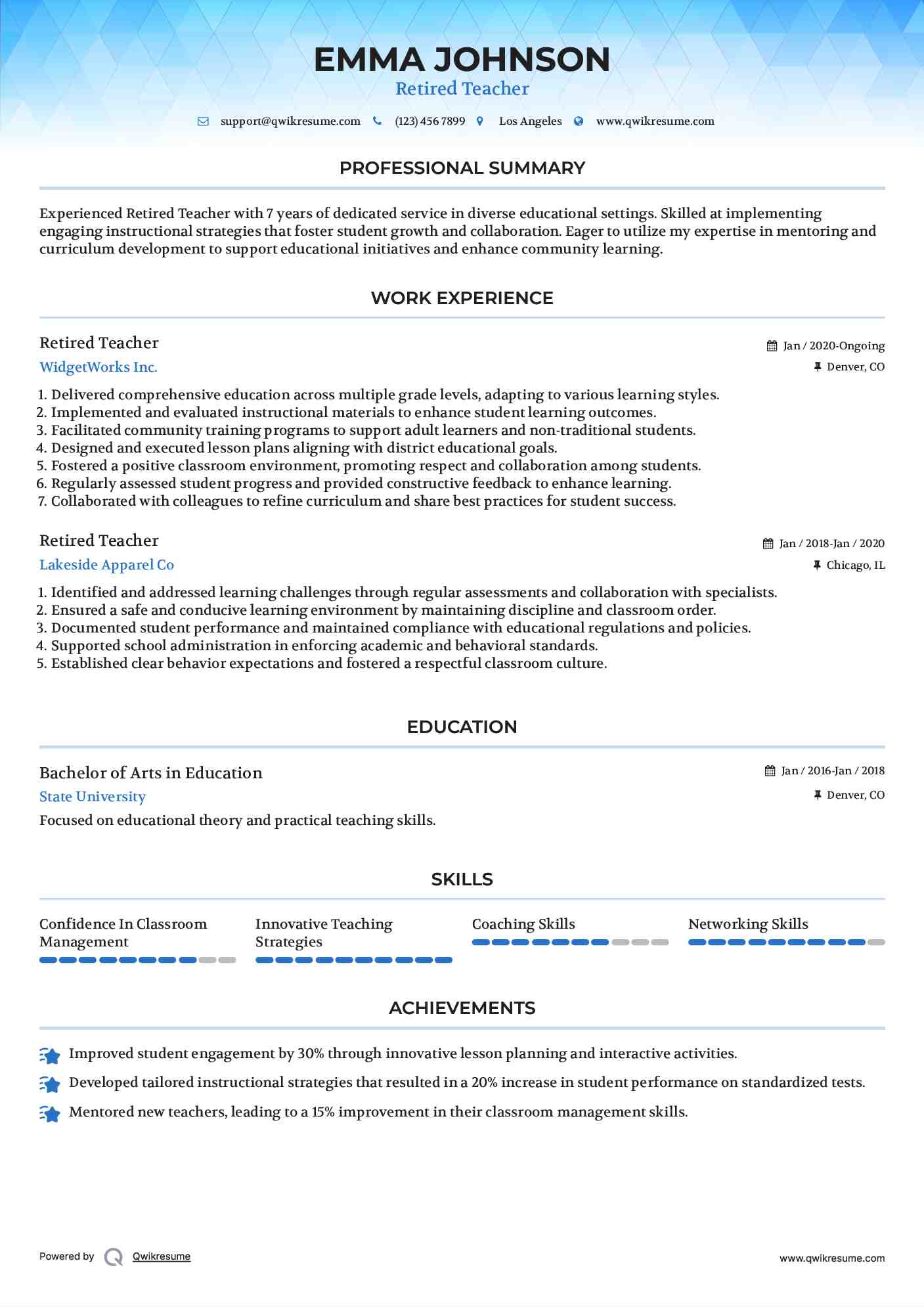 Retired Teacher Resume Example