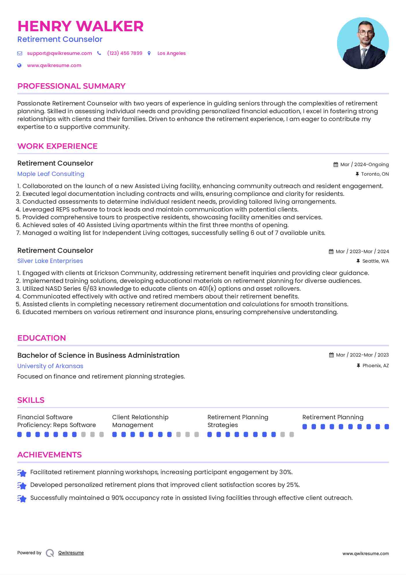 Retirement Counselor Resume Model