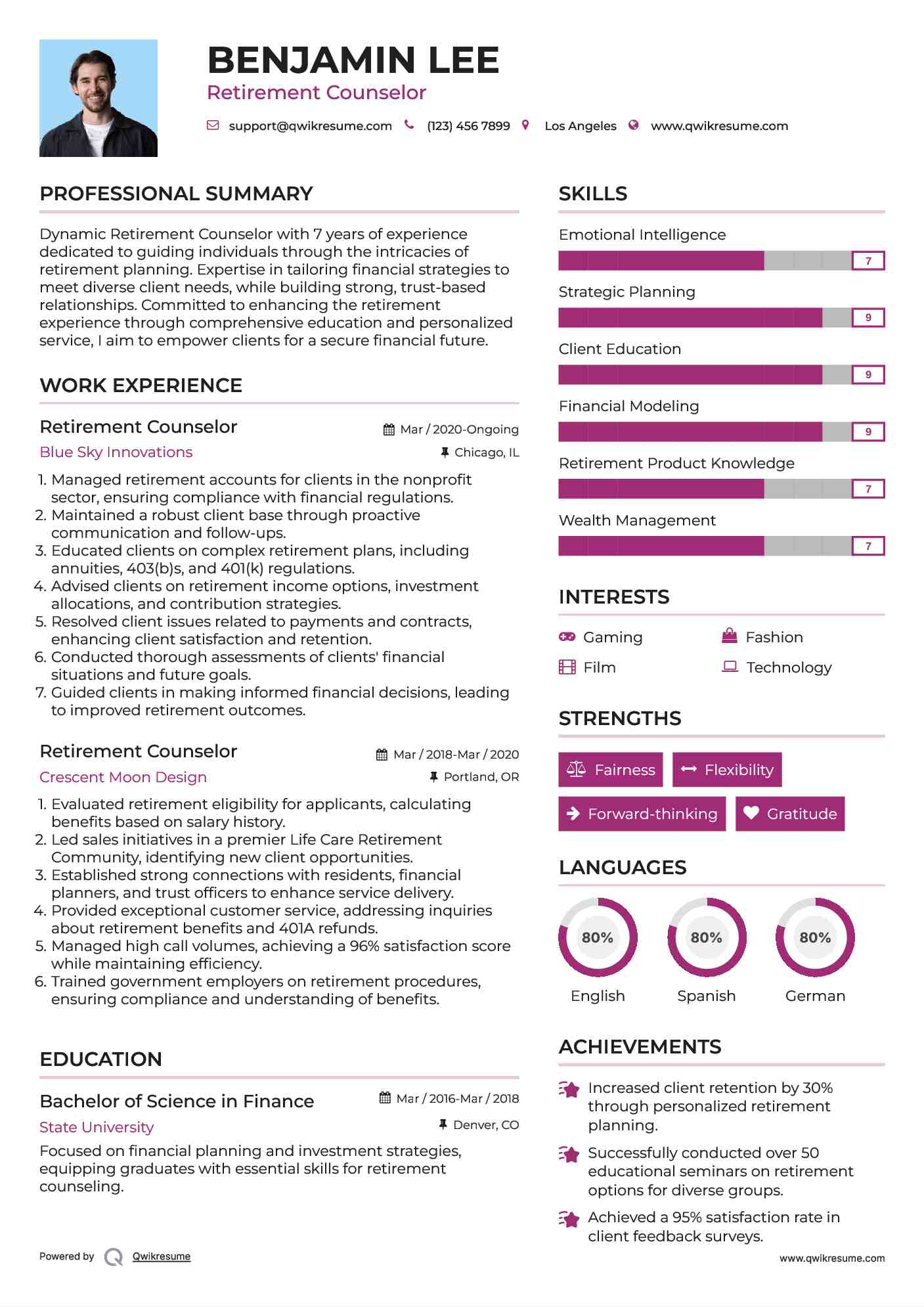 Retirement Counselor Resume Sample