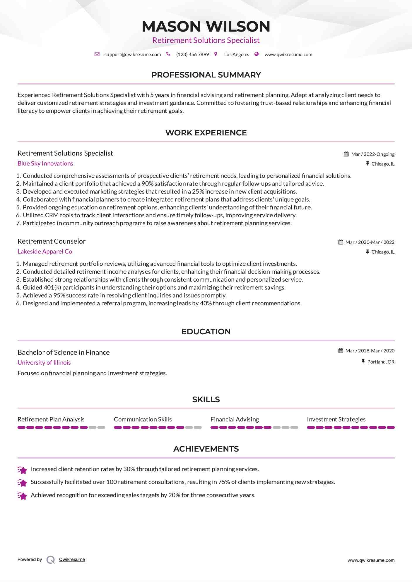 Retirement Solutions Specialist Resume Model