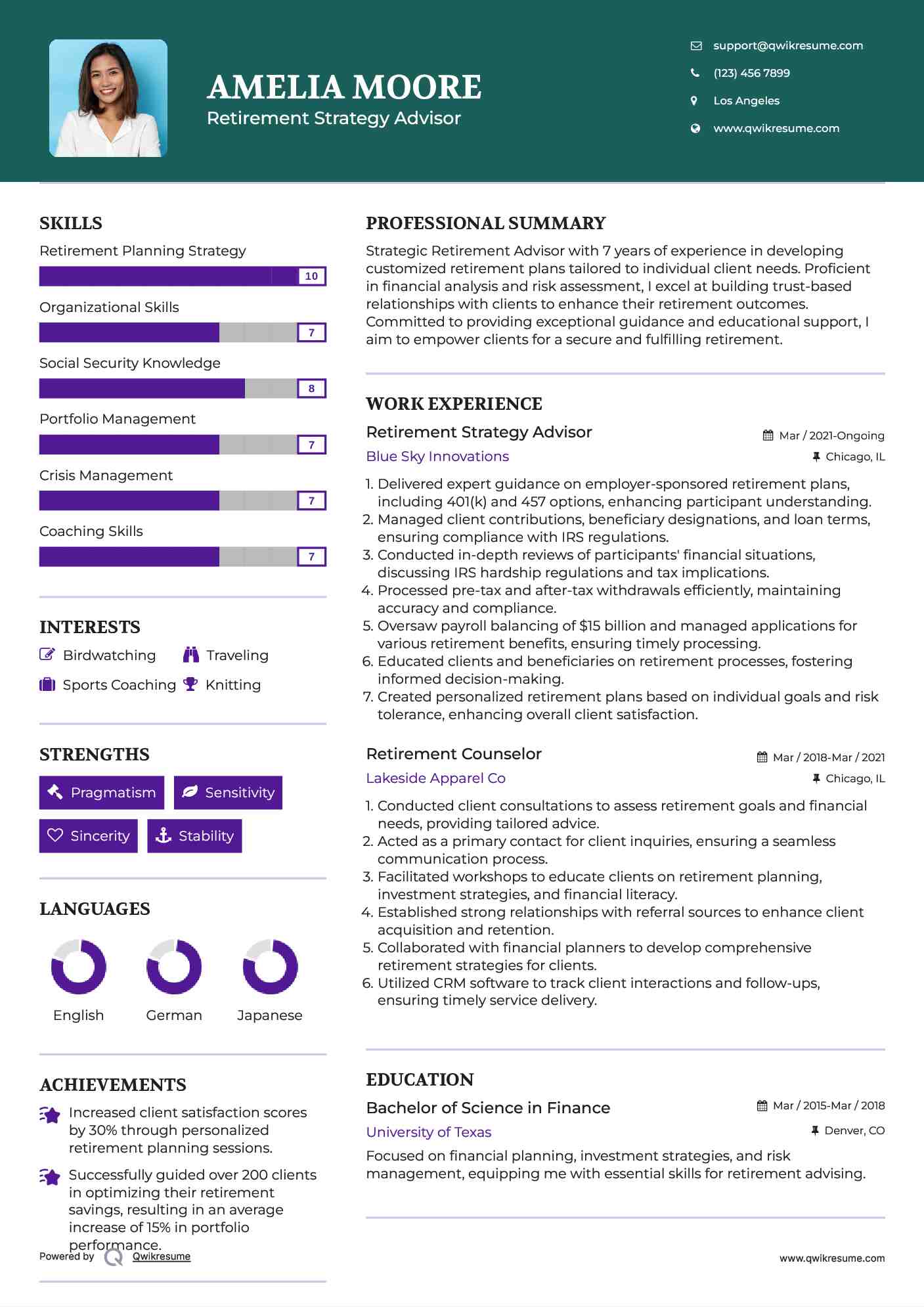 Retirement Strategy Advisor Resume Sample