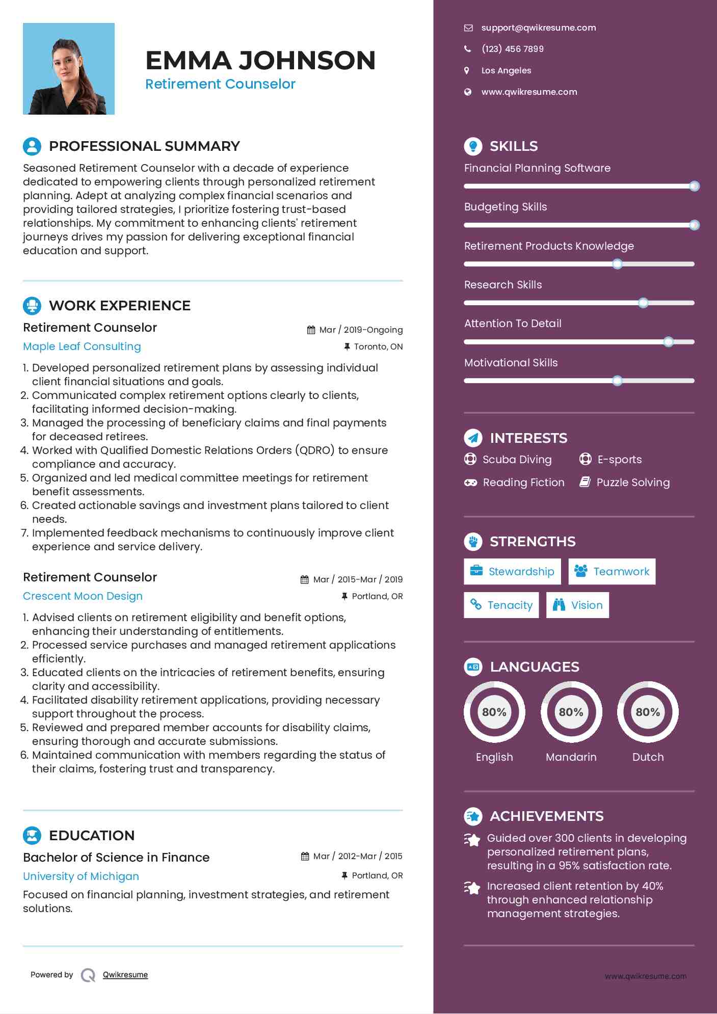 Retirement Counselor Resume Example