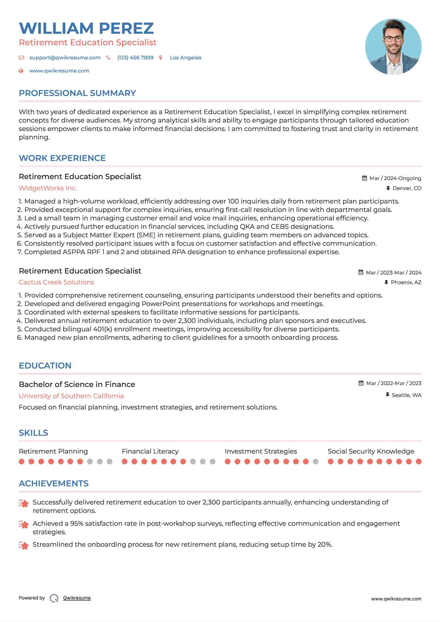 Retirement Education Specialist Resume Sample