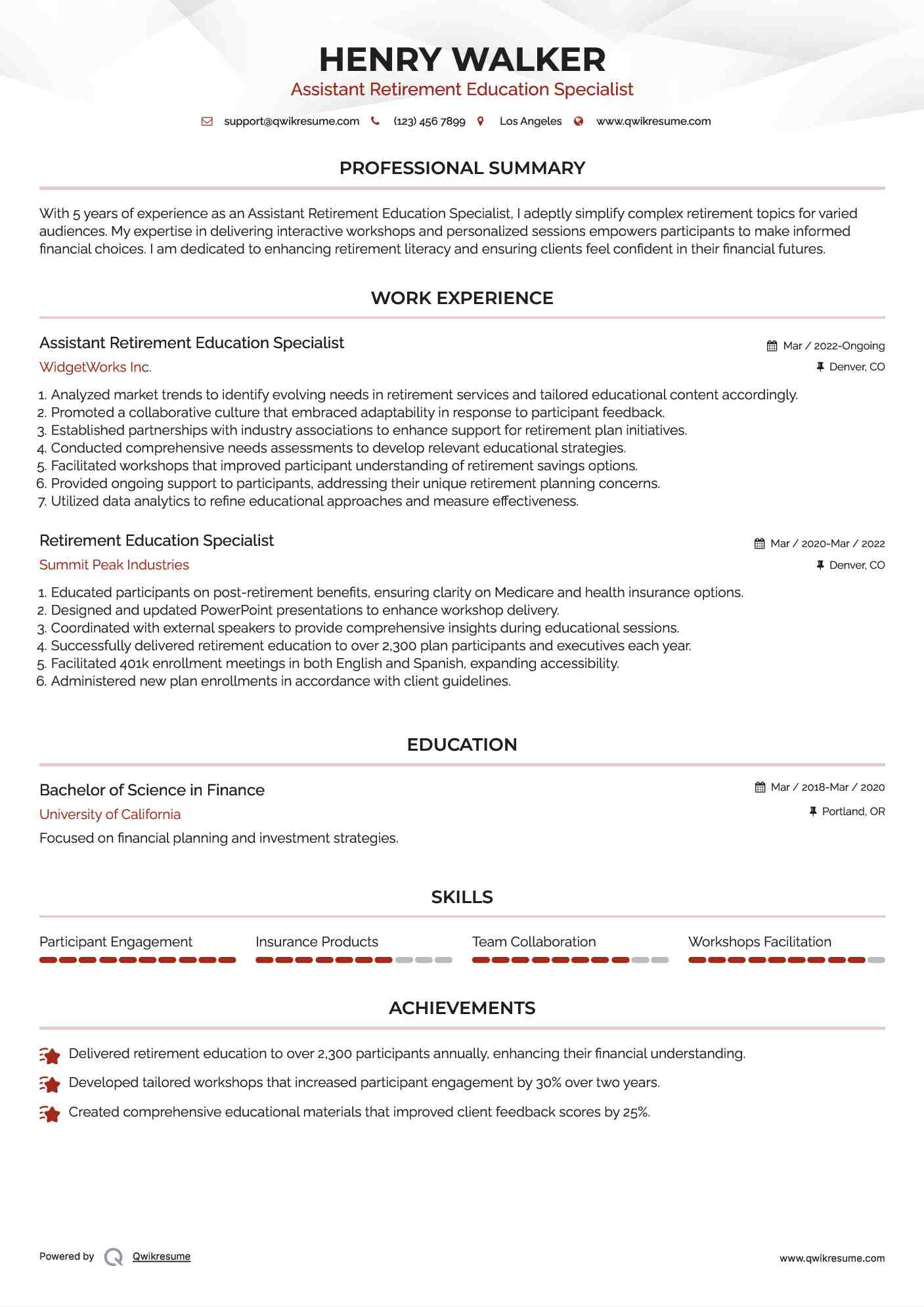 Assistant Retirement Education Specialist Resume Example