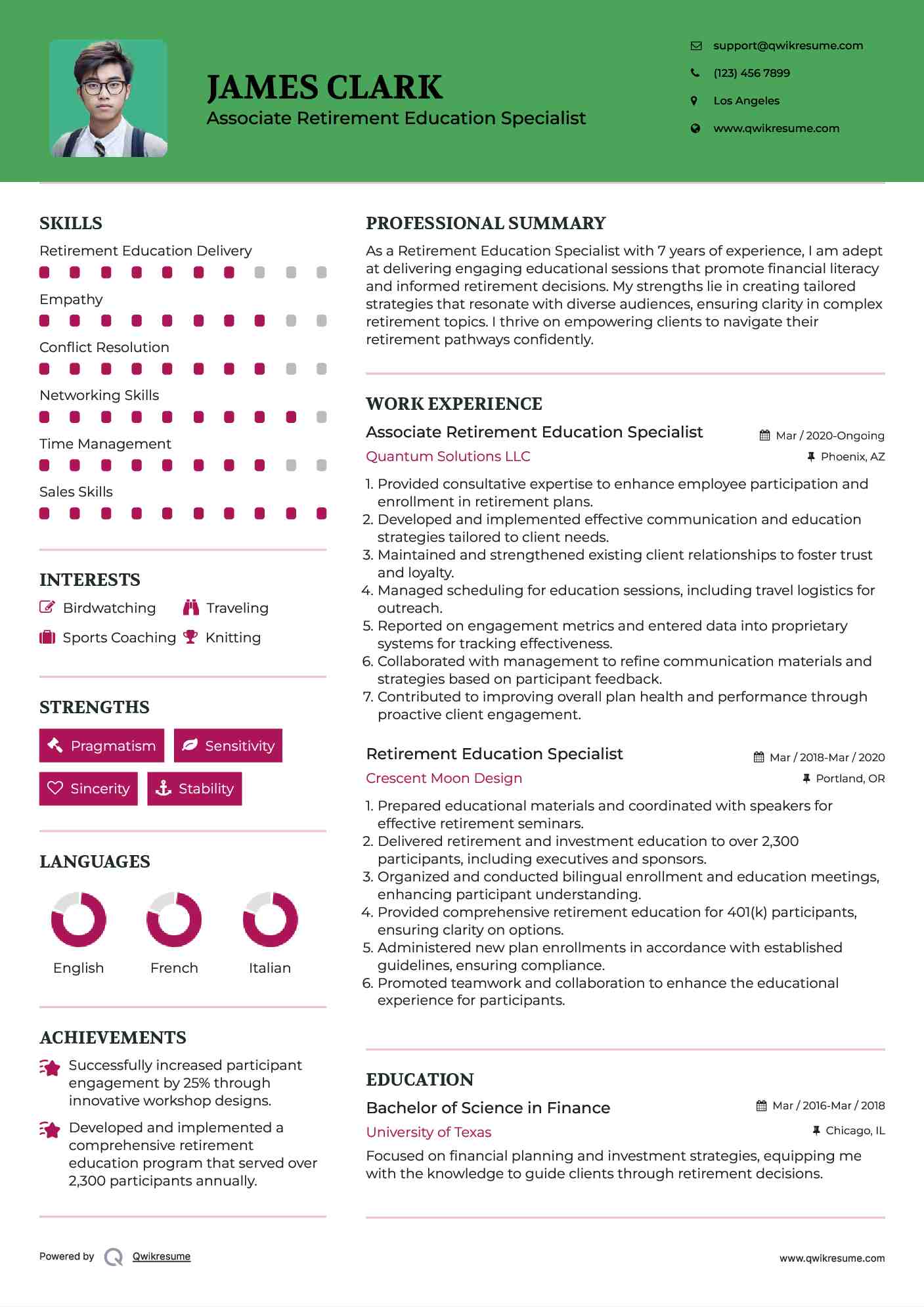 Associate Retirement Education Specialist Resume Template