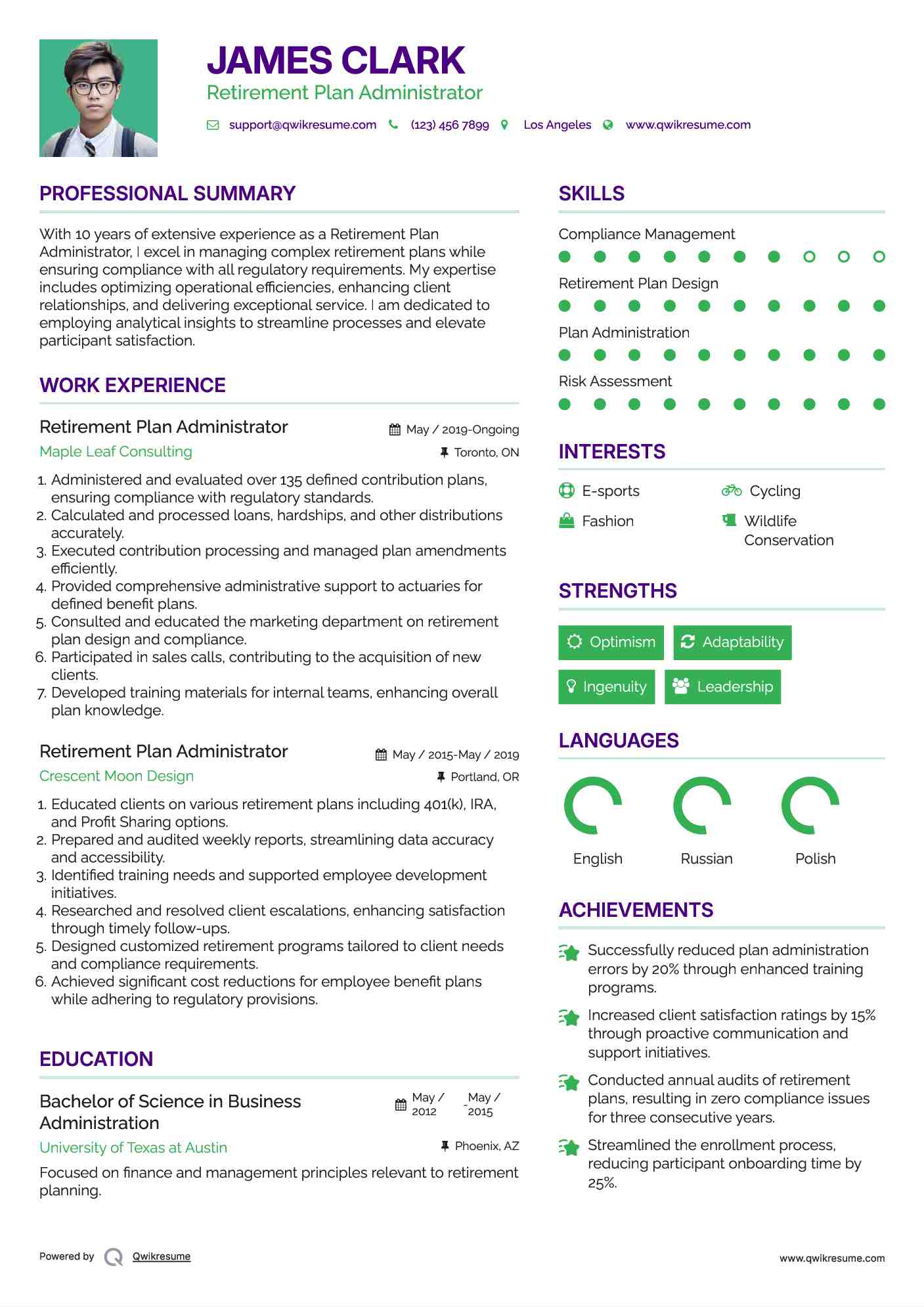 Retirement Plan Administrator Resume Sample