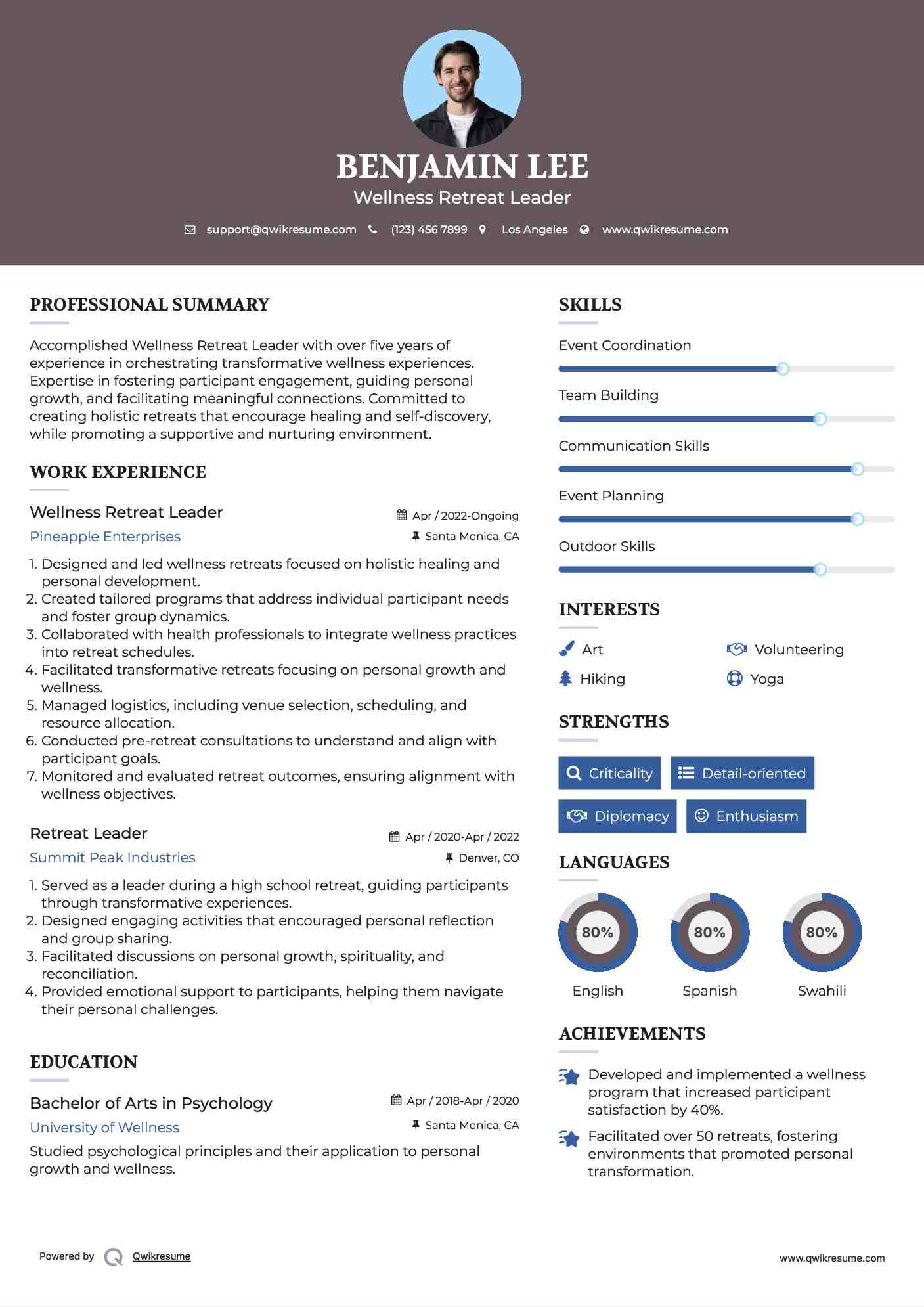 Wellness Retreat Leader Resume Example