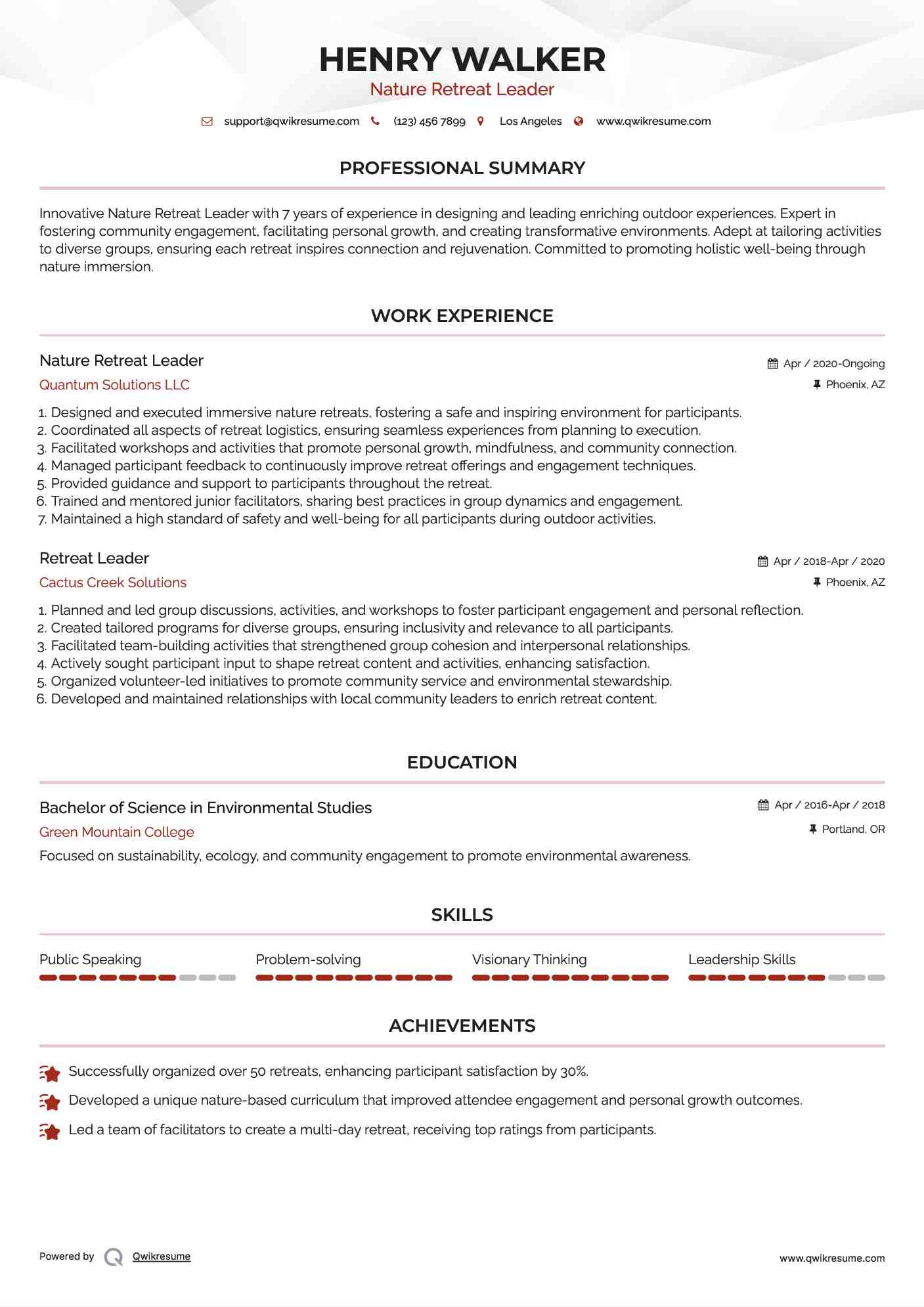 Nature Retreat Leader Resume Format