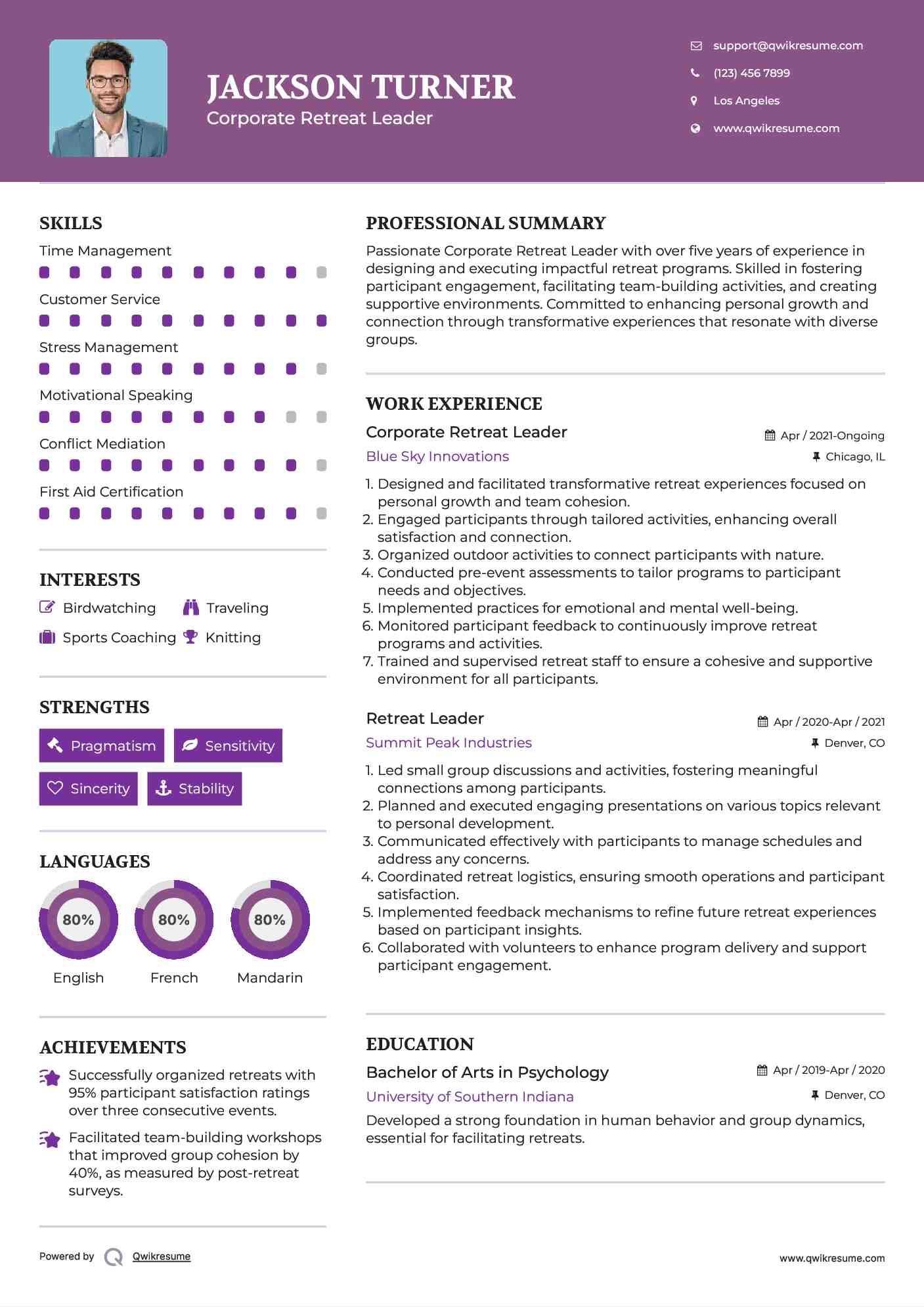 Corporate Retreat Leader Resume Example