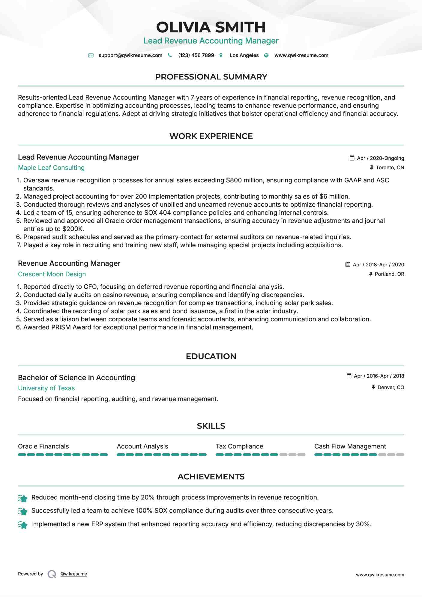 Lead Revenue Accounting Manager Resume Format