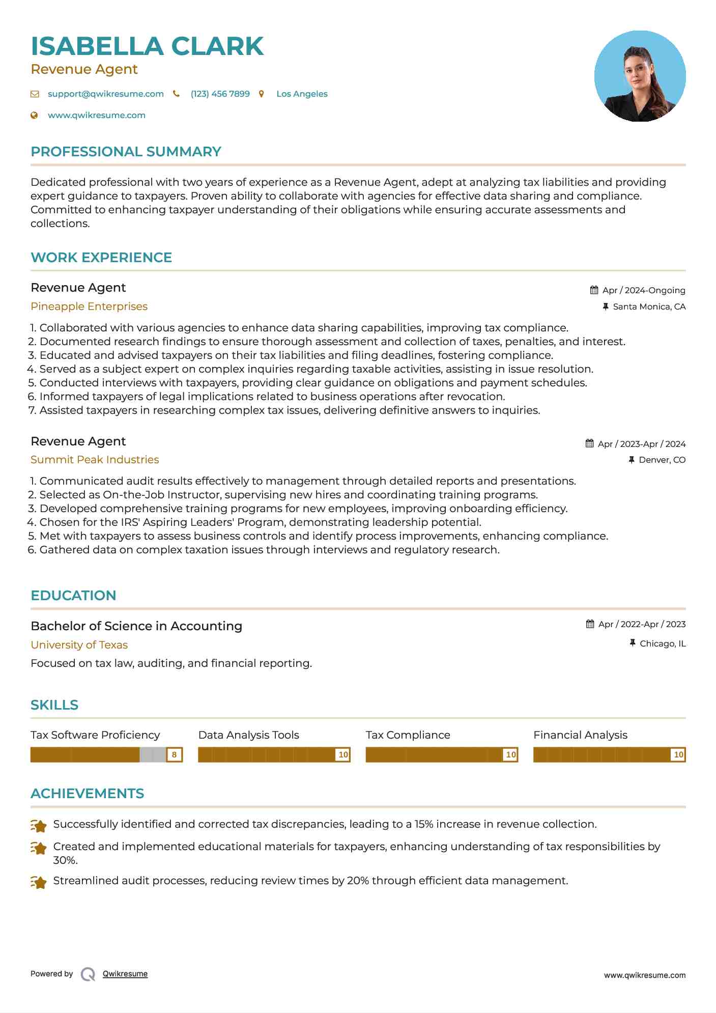 Revenue Agent Resume Model