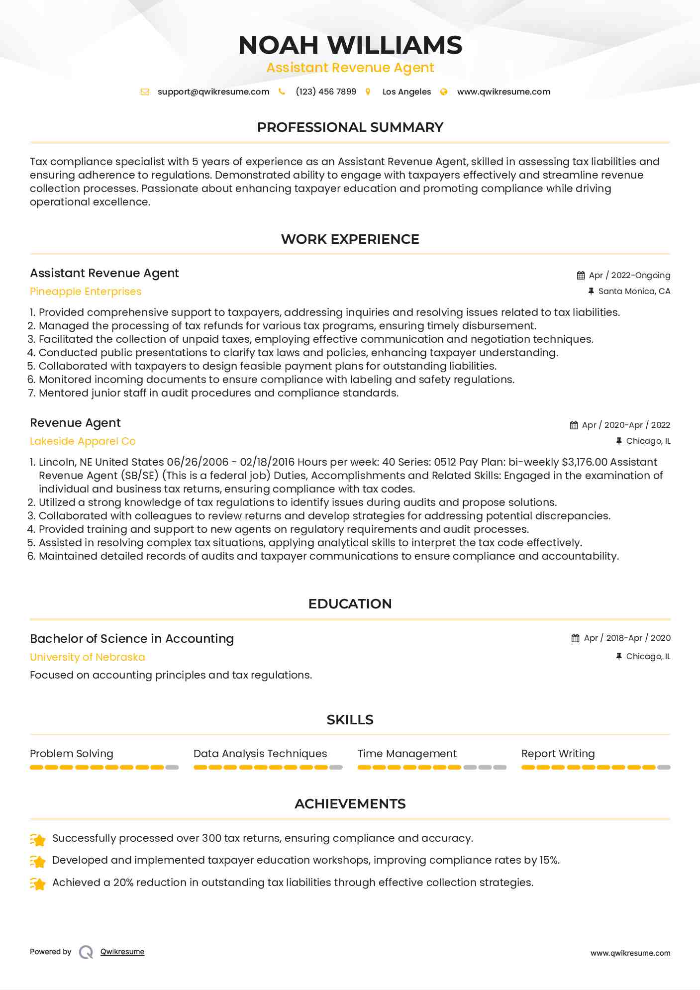 Assistant Revenue Agent Resume Model
