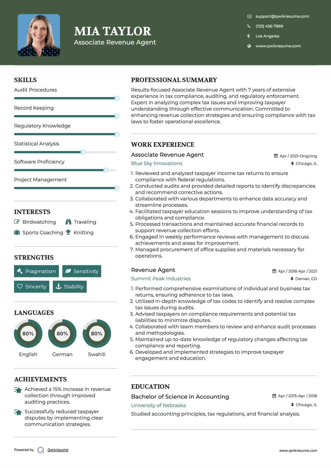 Associate Revenue Agent Resume Sample