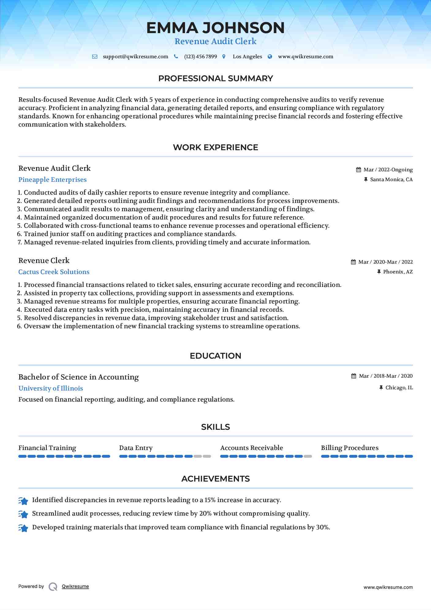 Revenue Audit Clerk
 Resume Example